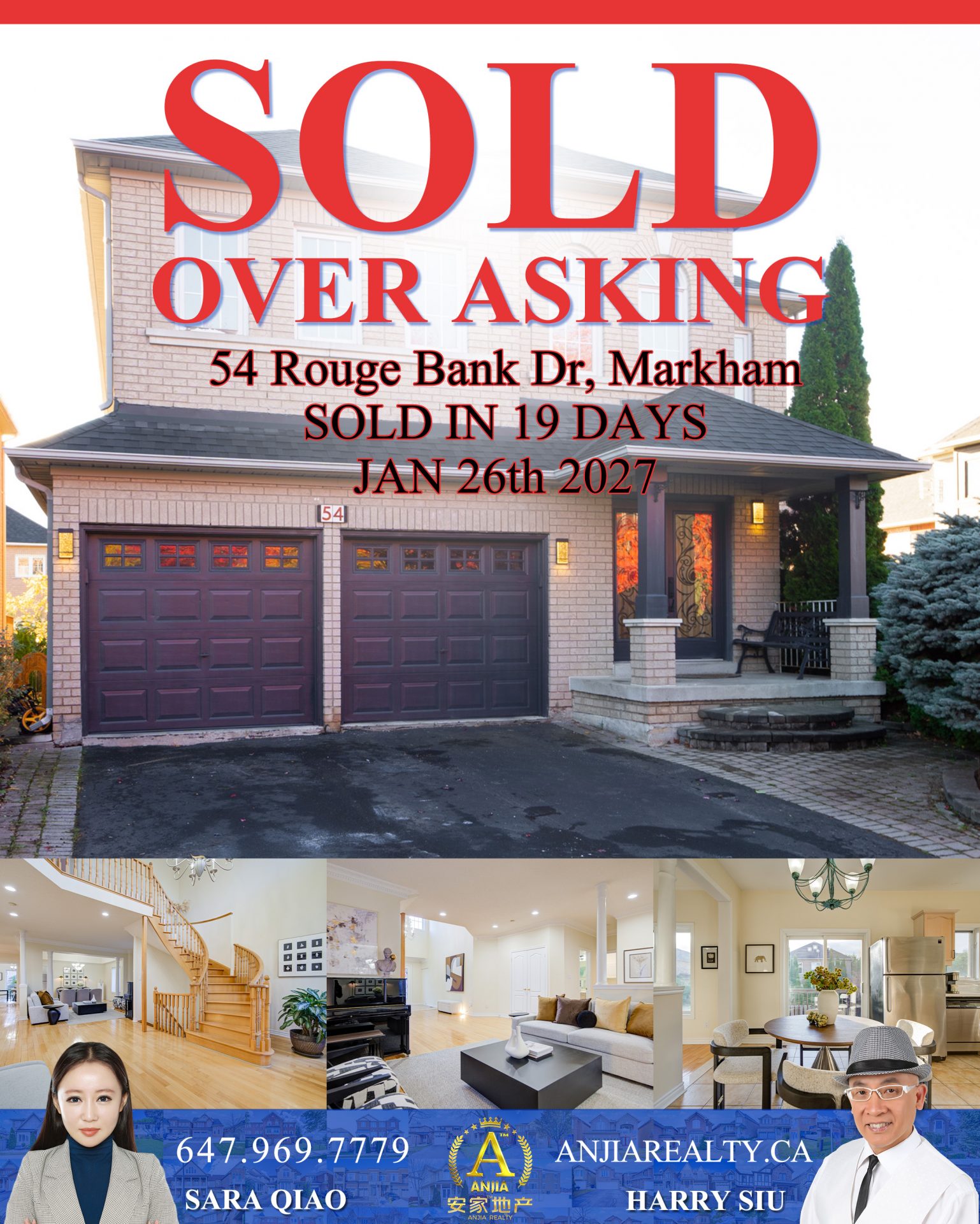54 Rouge Bank Drive Markham real estate transaction poster represented by Anjia Realty