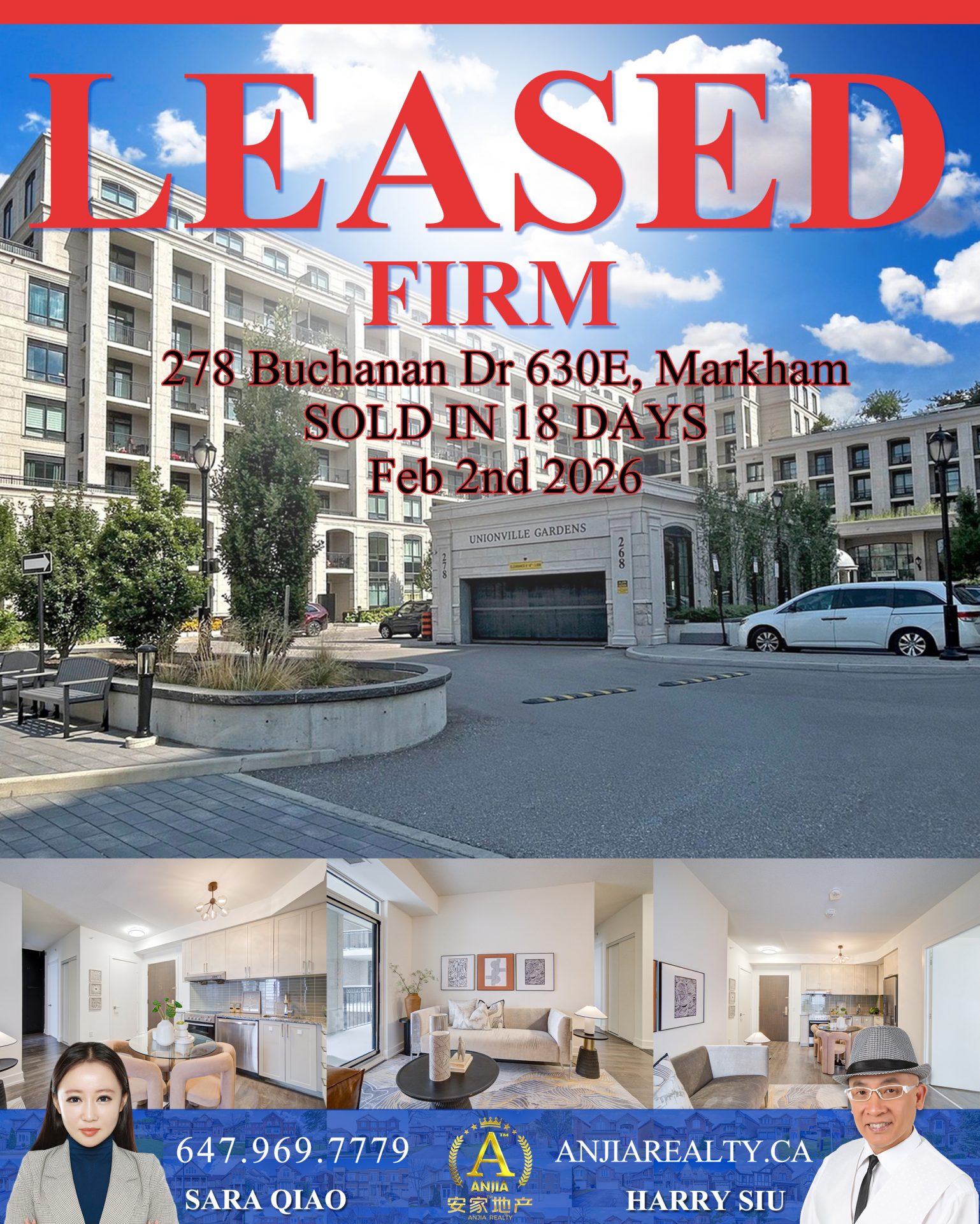 Unit 630E, 278 Buchanan Drive Markham real estate transaction poster represented by Anjia Realty