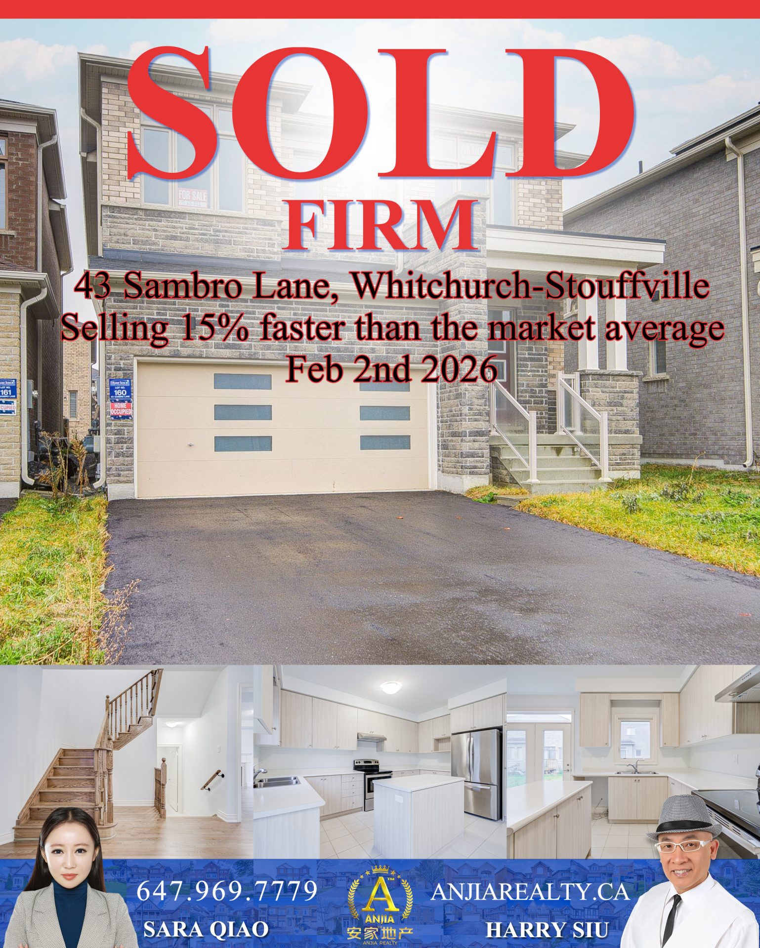 43 Sambro Lane Whitchurch-Stouffville real estate transaction poster represented by Anjia Realty