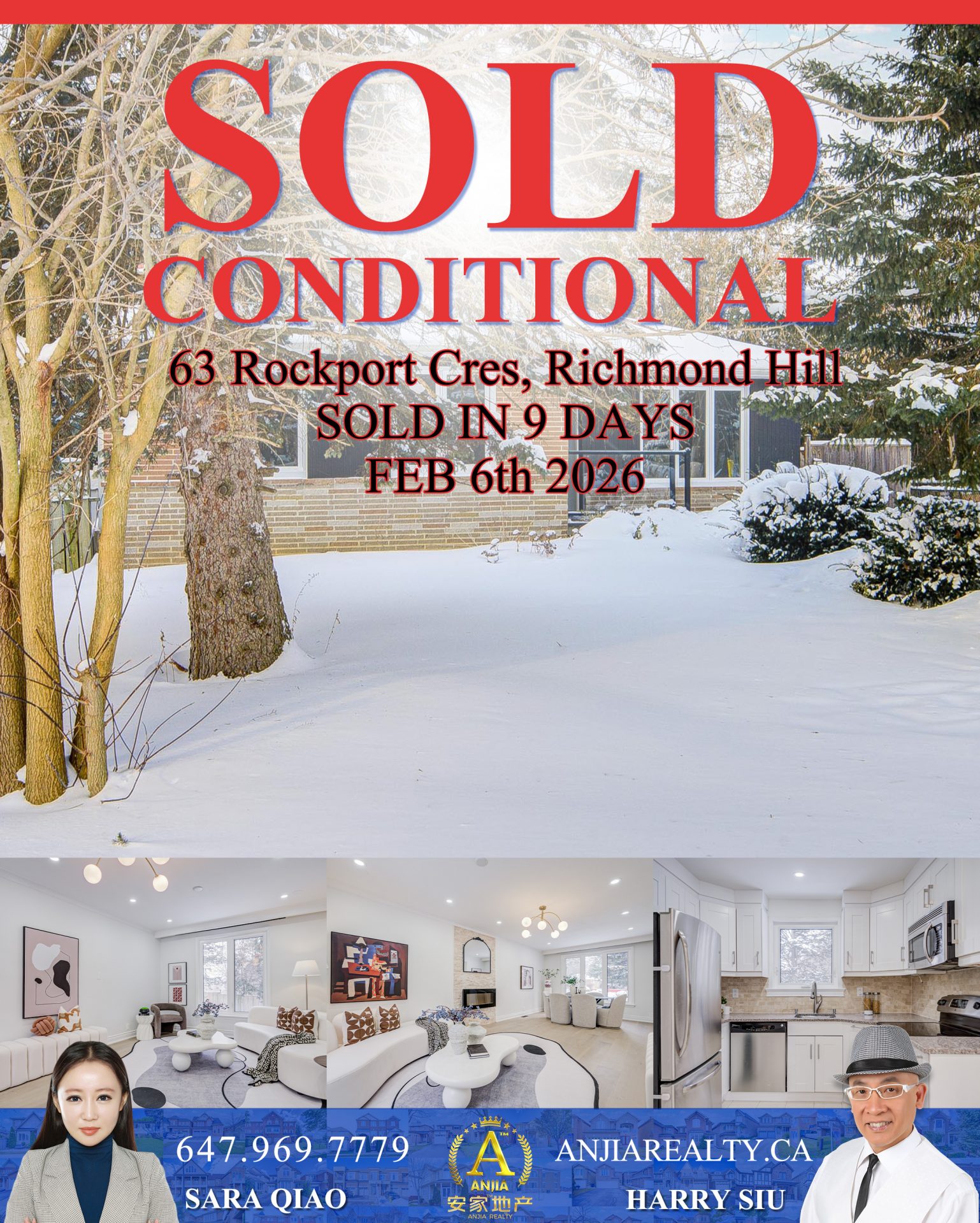 63 Rockport Crescent Richmond Hill real estate transaction poster represented by Anjia Realty