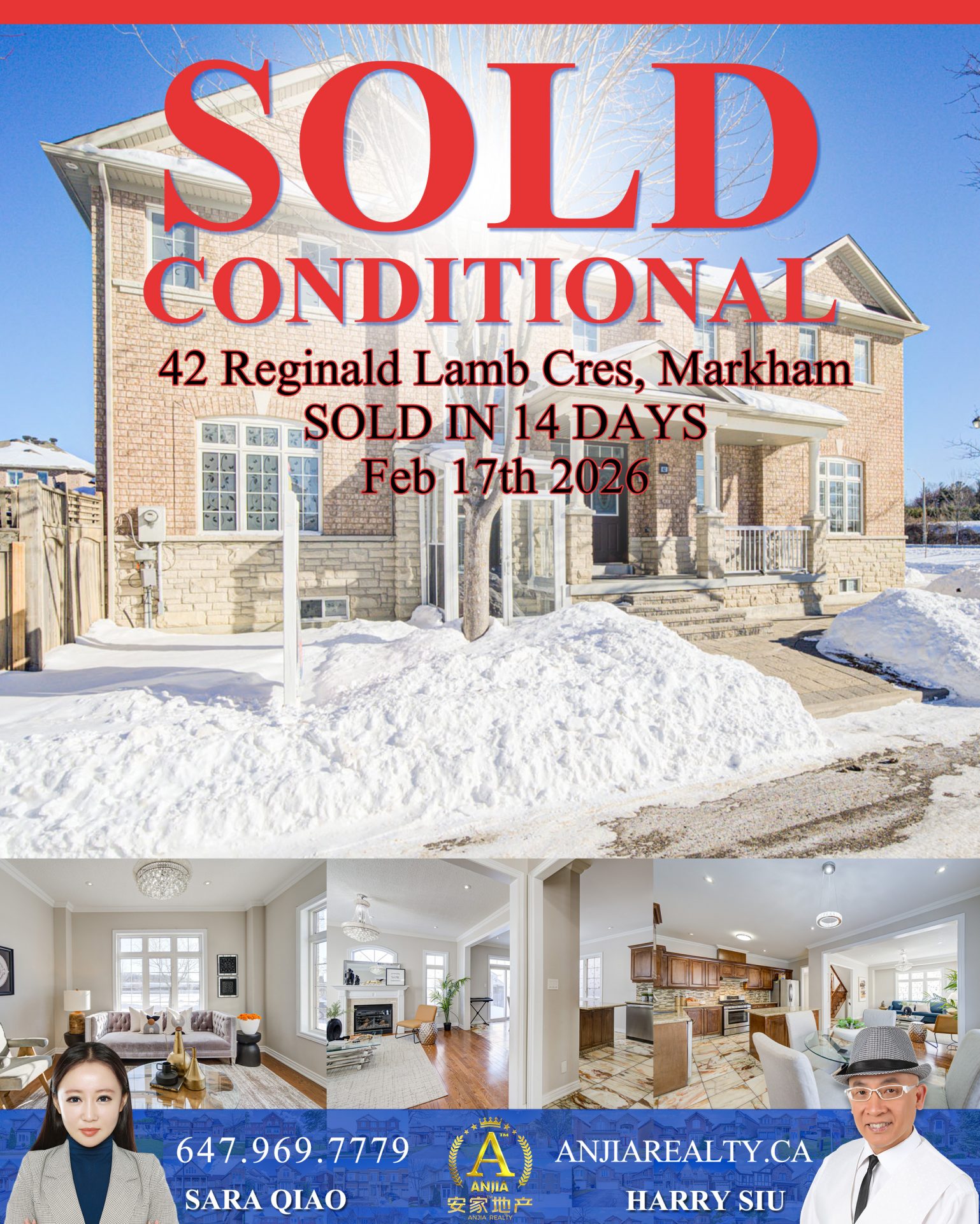 42 Reginald Lamb Crescent Markham real estate transaction poster represented by Anjia Realty