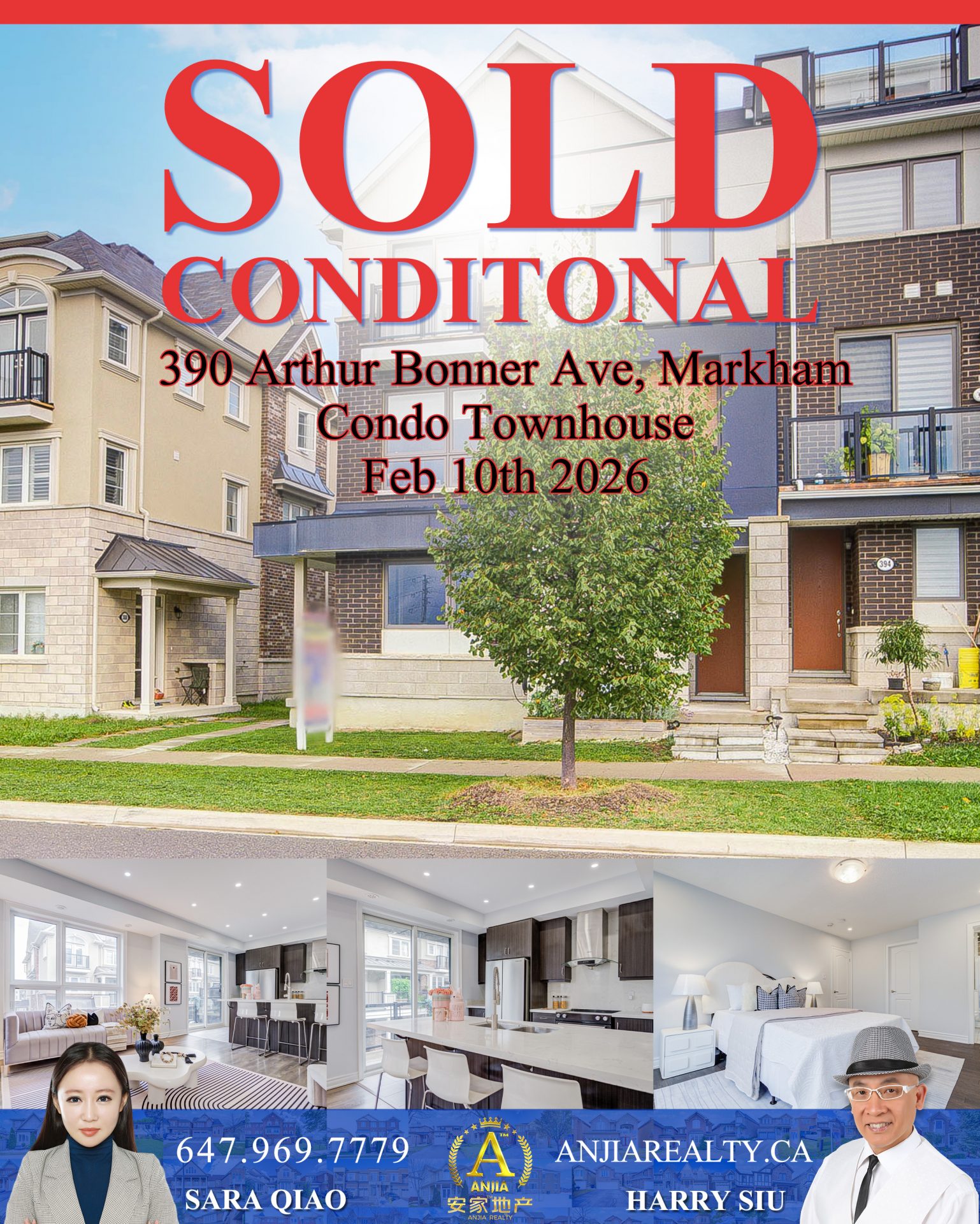 390 Arthur Bonner Avenue Markham real estate transaction poster represented by Anjia Realty