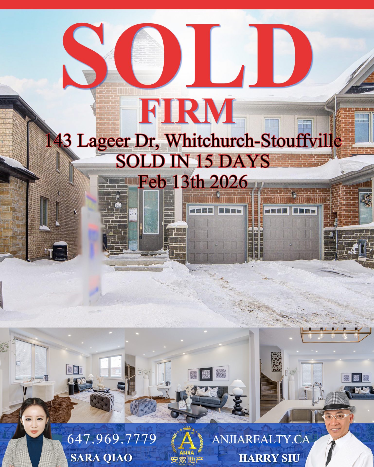 143 Lageer Drive Whitchurch-Stouffville real estate transaction poster represented by Anjia Realty