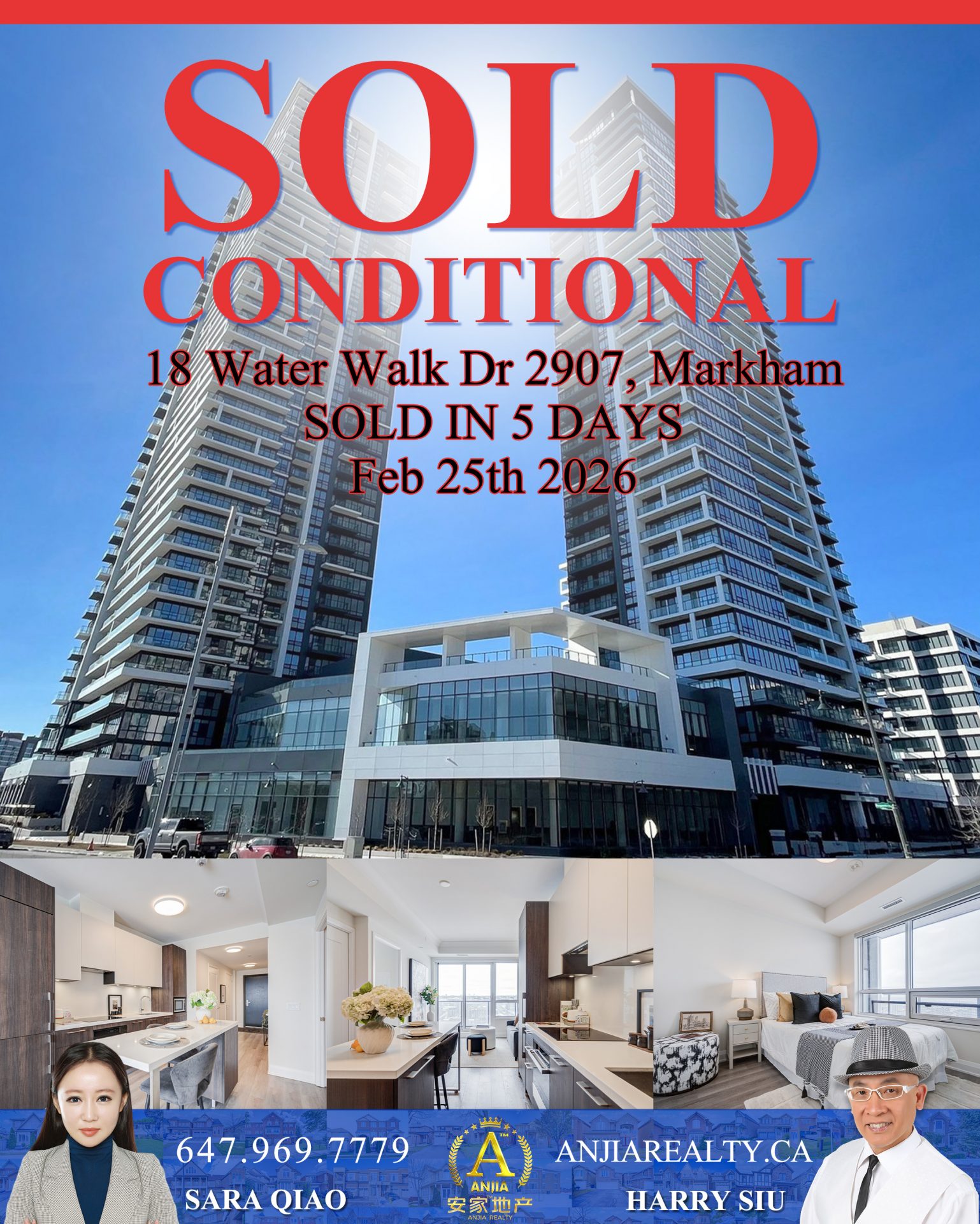 Unit 2907, 18 Water Walk Drive Markham real estate transaction poster represented by Anjia Realty