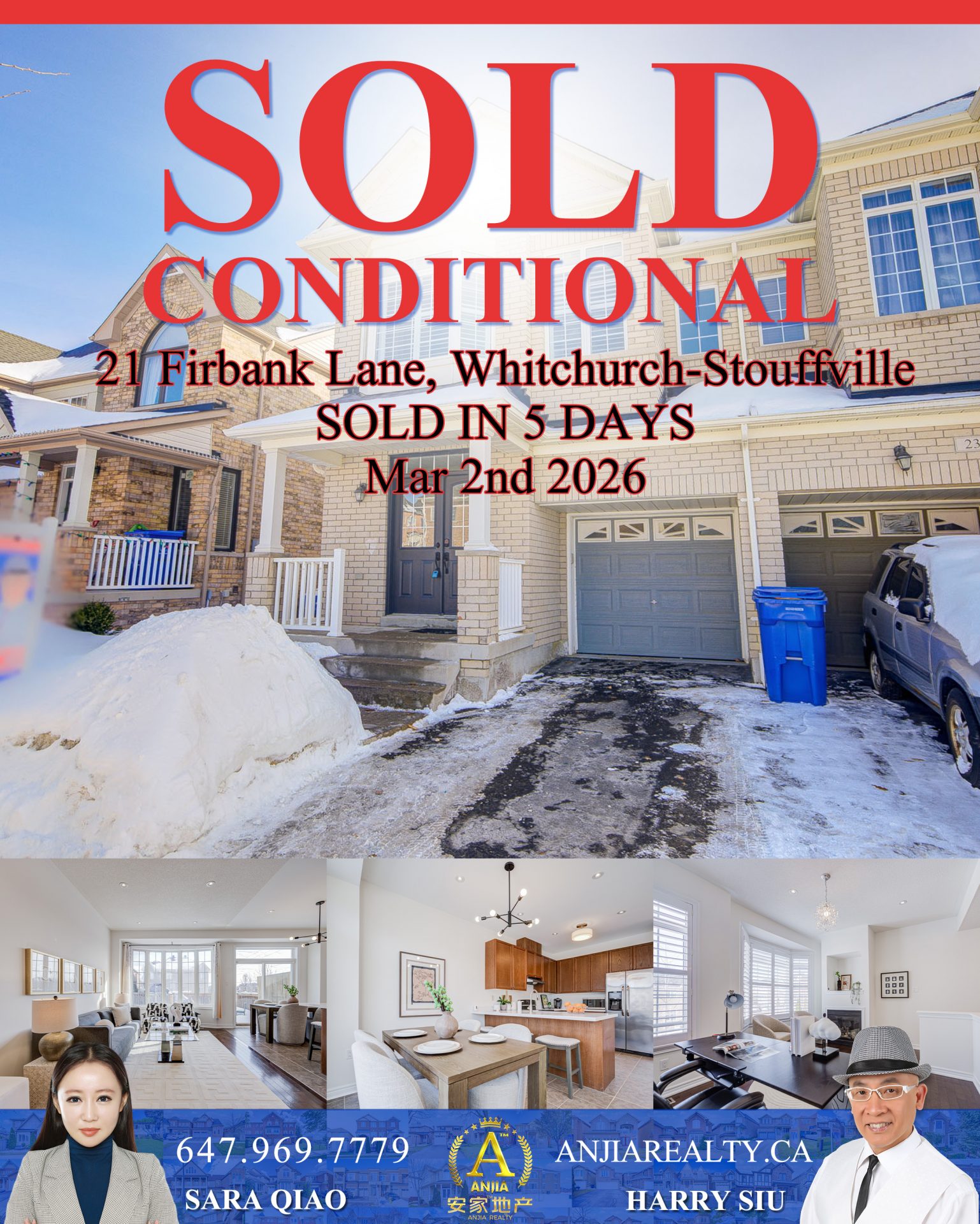 21 Firbank Lane Whitchurch-Stouffville real estate transaction poster represented by Anjia Realty