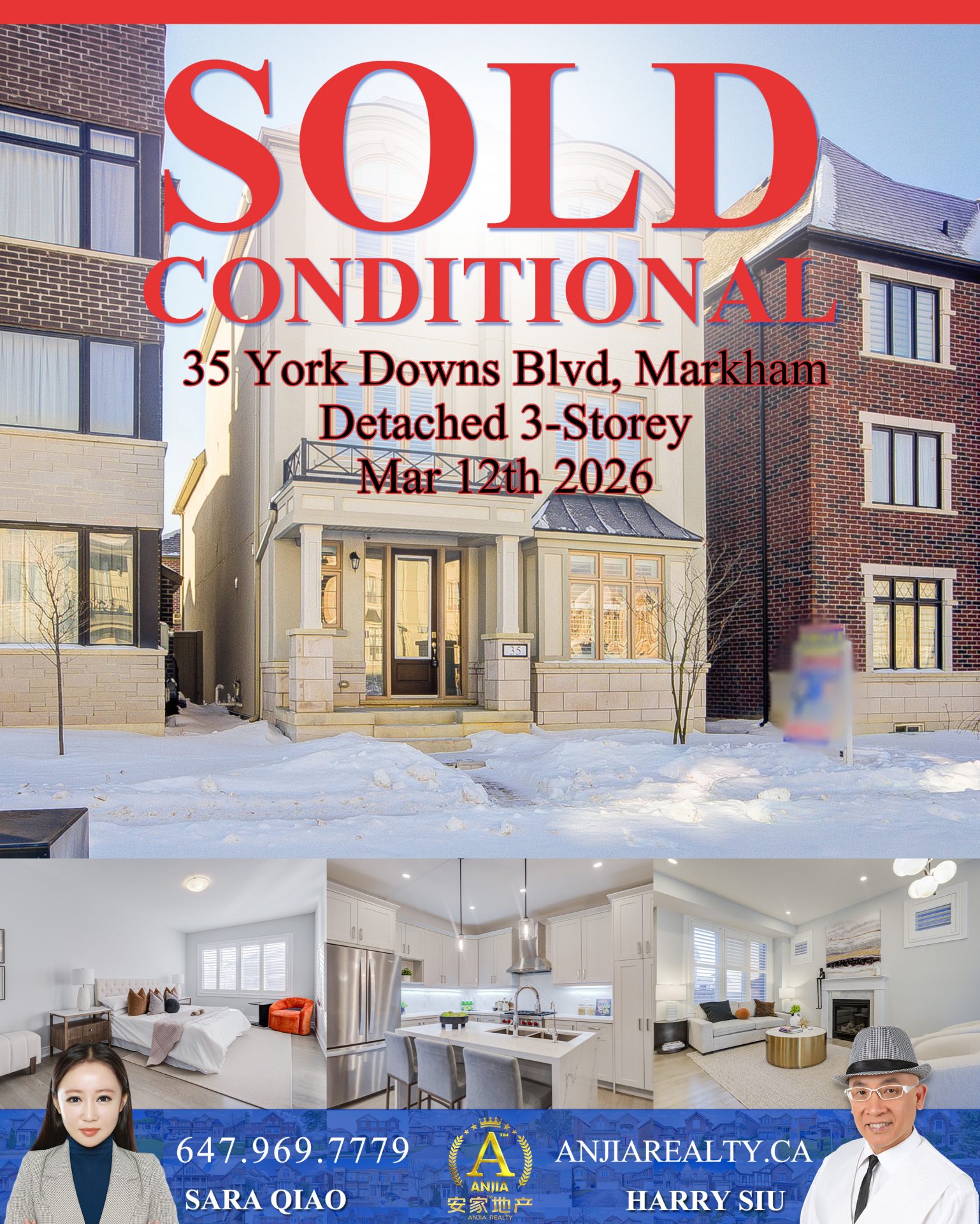 35 York Downs Boulevard Markham real estate transaction poster represented by Anjia Realty