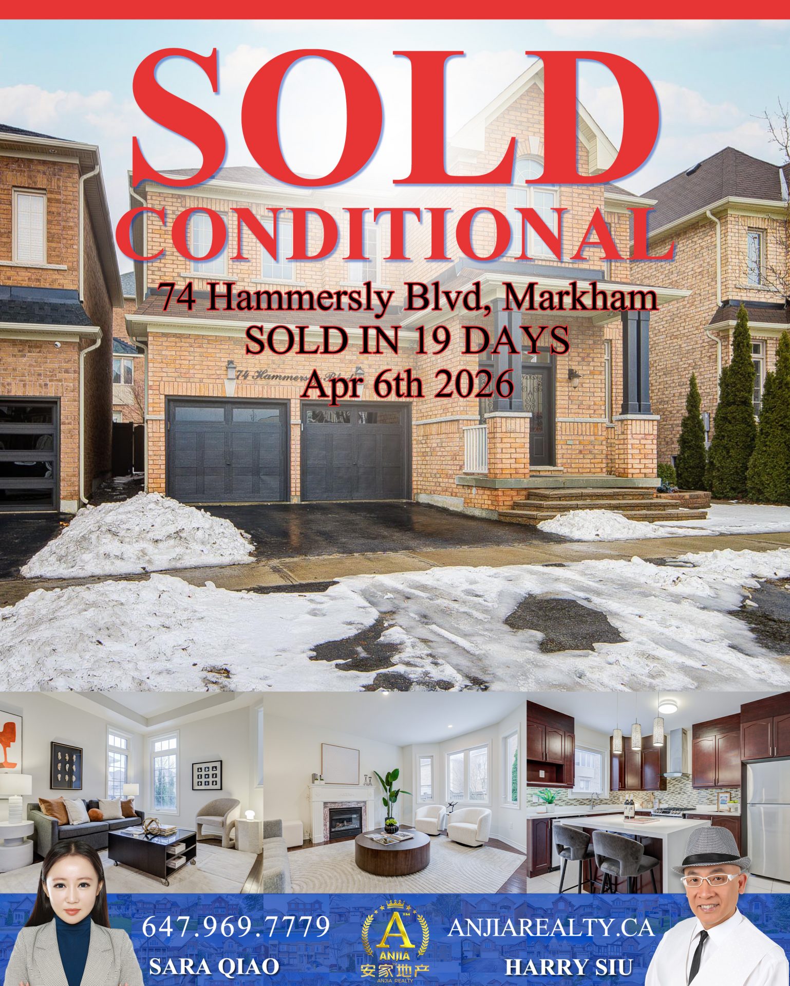 Main floor, 74 Hammersly Boulevard Markham real estate transaction poster represented by Anjia Realty