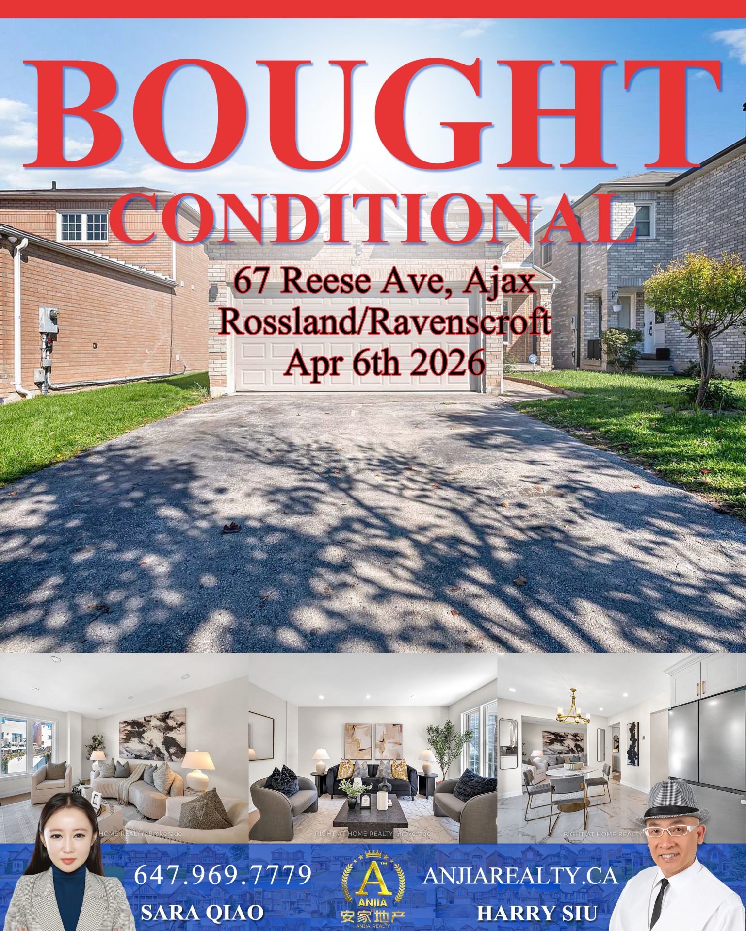 67 Reese Avenue Ajax real estate transaction poster represented by Anjia Realty