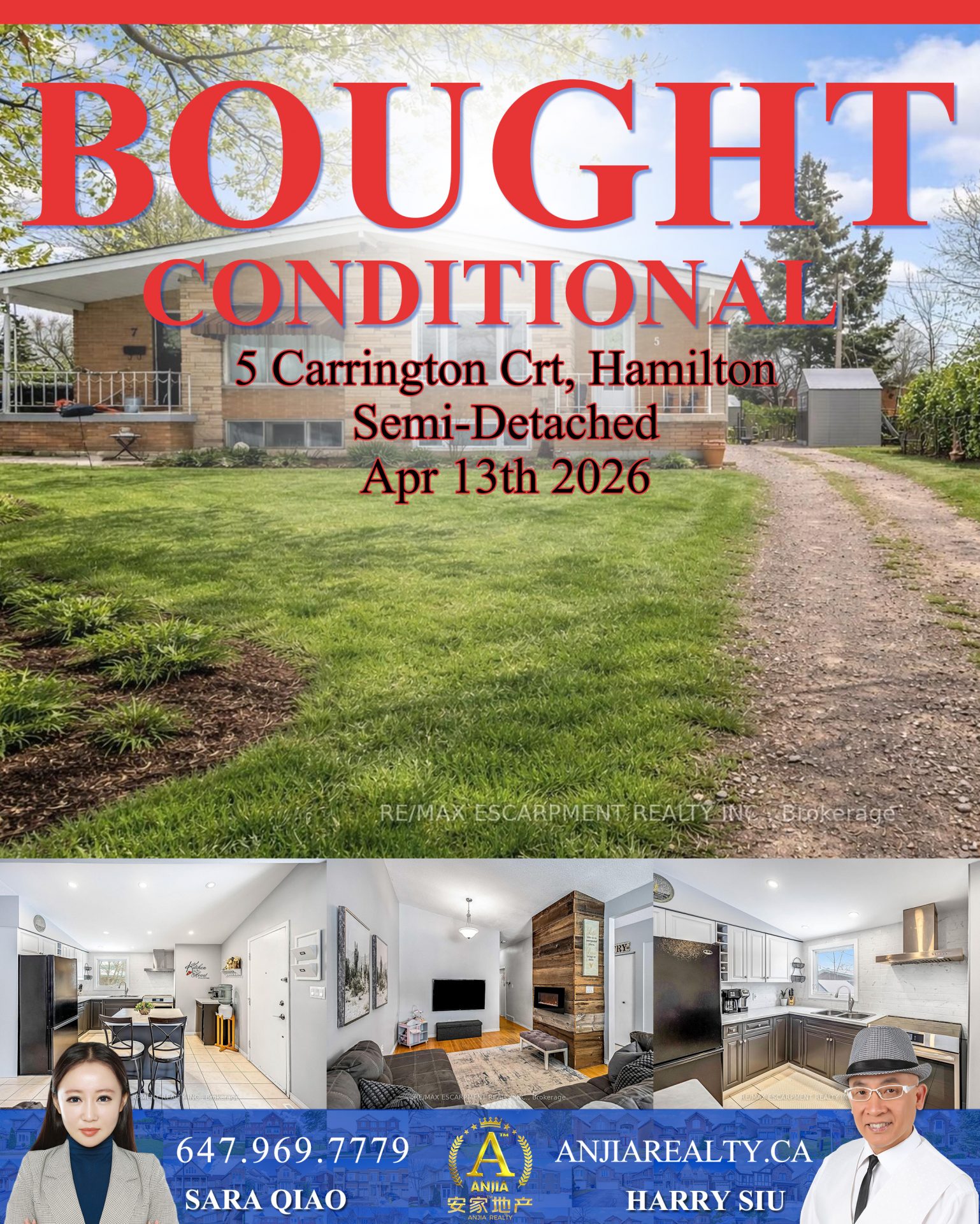 5 Carrington Court Hamilton real estate transaction poster represented by Anjia Realty