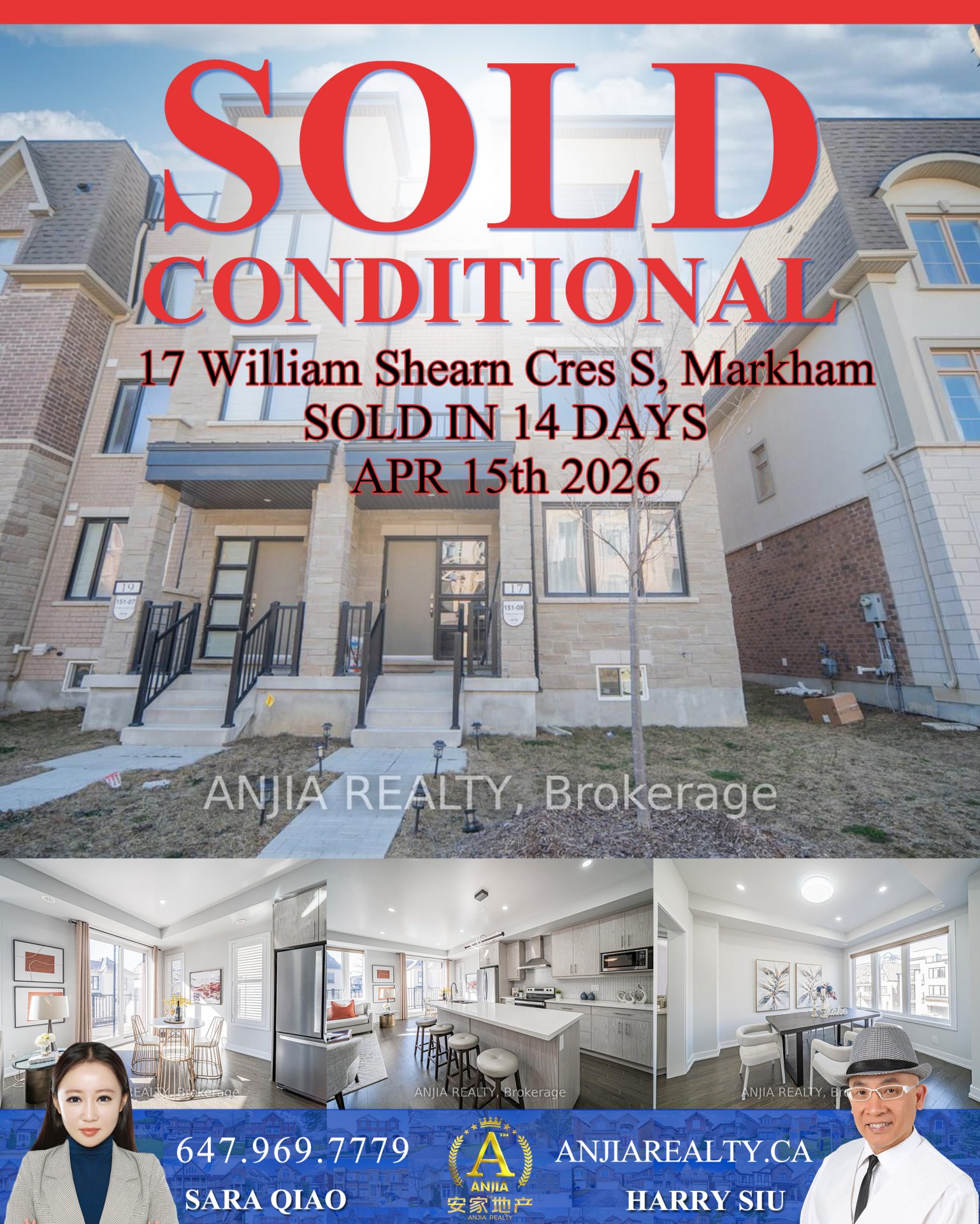 17 William Shearn Crescent S Markham real estate transaction poster represented by Anjia Realty