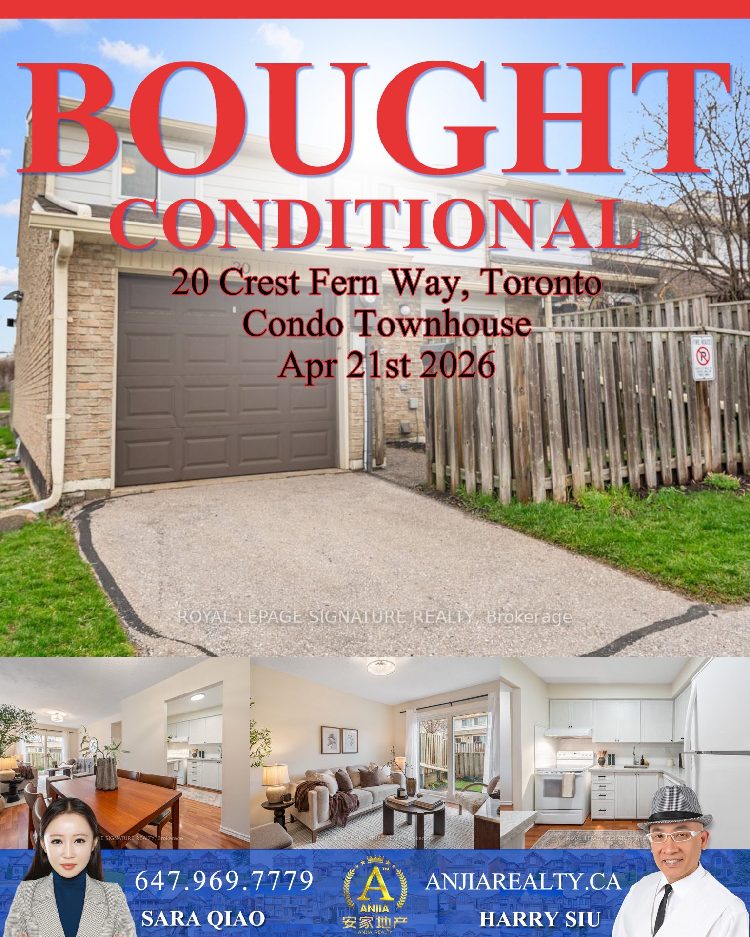 20 Crest Fern Way Toronto real estate transaction poster represented by Anjia Realty