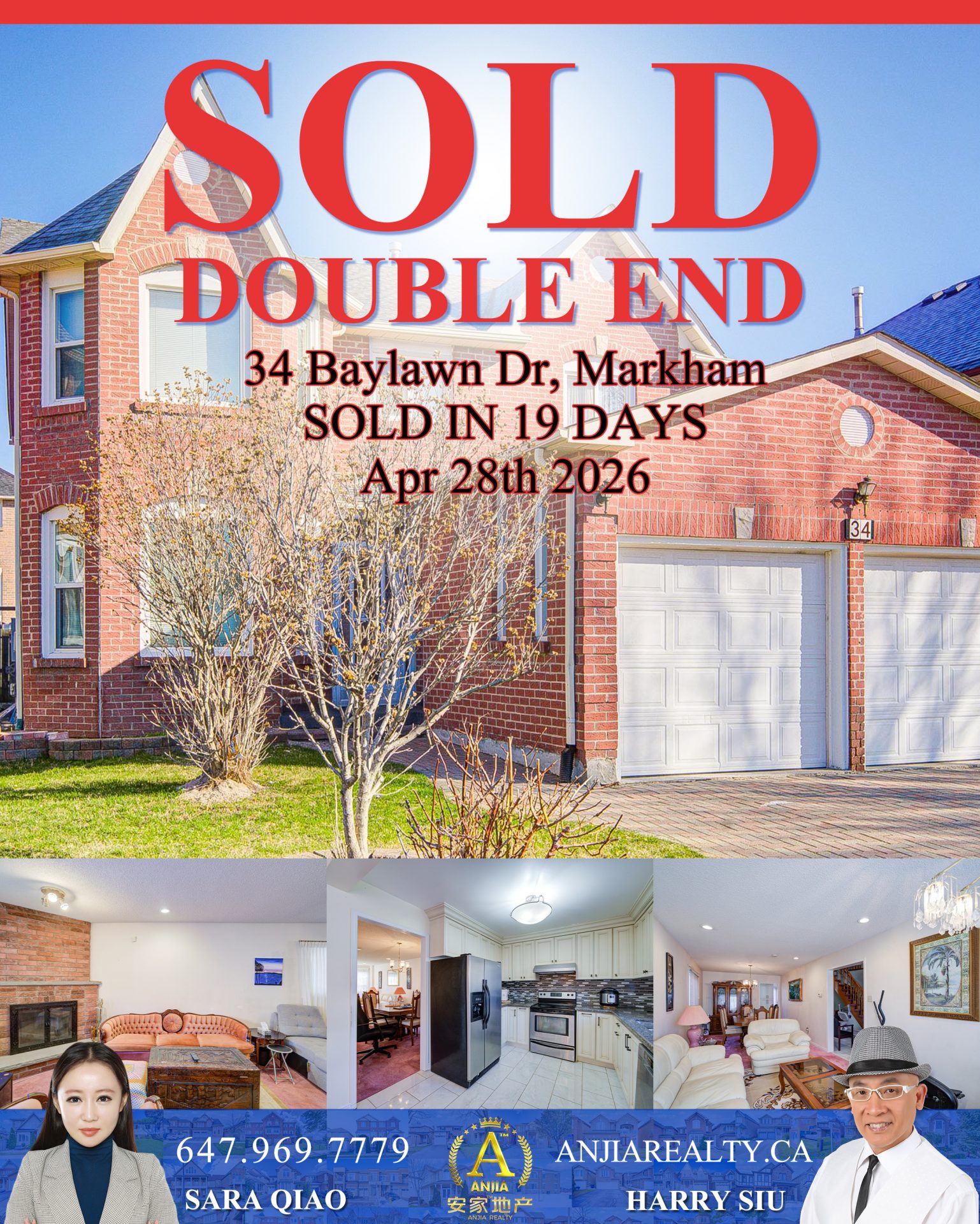 34 Baylawn Drive Markham real estate transaction poster represented by Anjia Realty