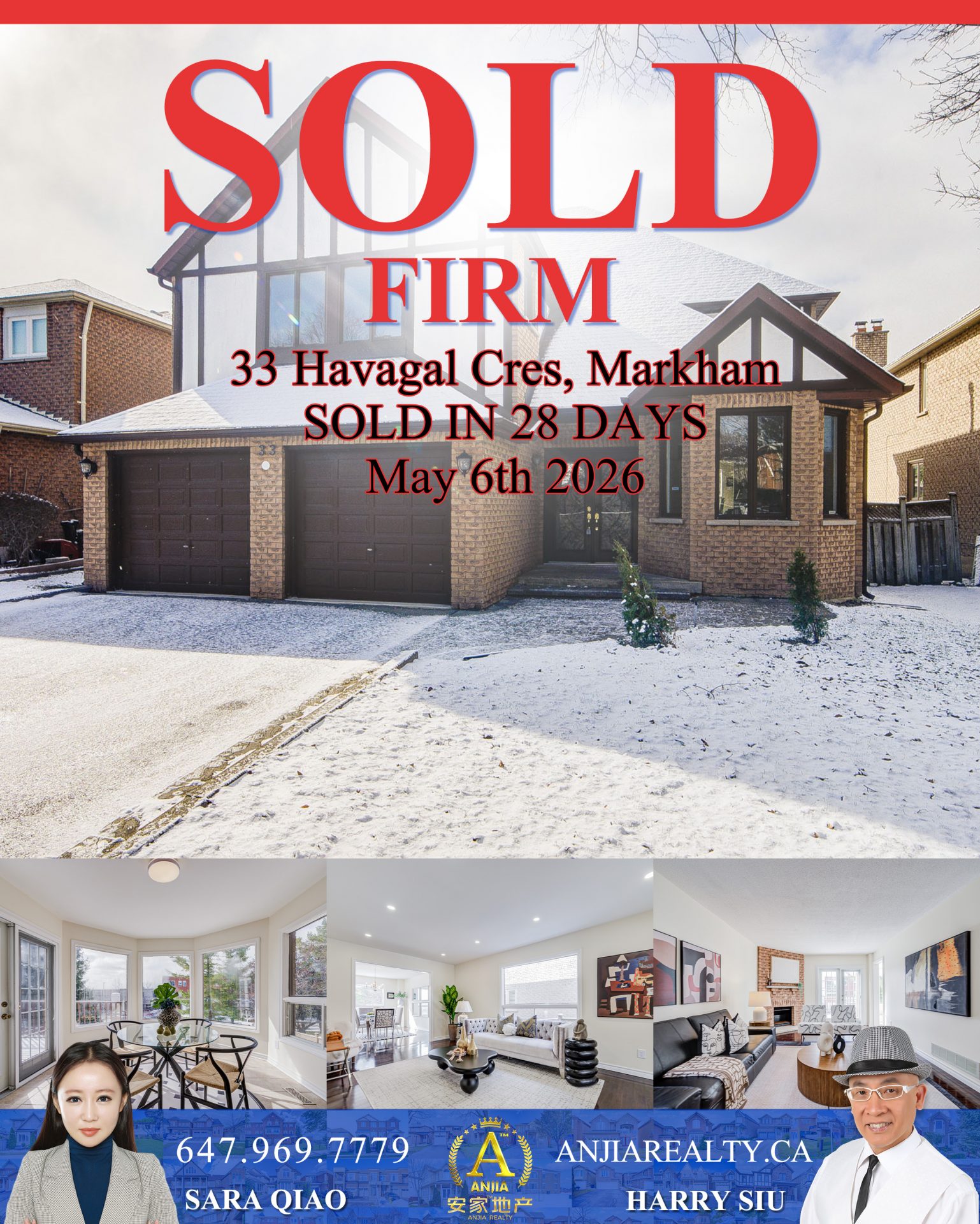 33 Havagal Crescent Markham real estate transaction poster represented by Anjia Realty