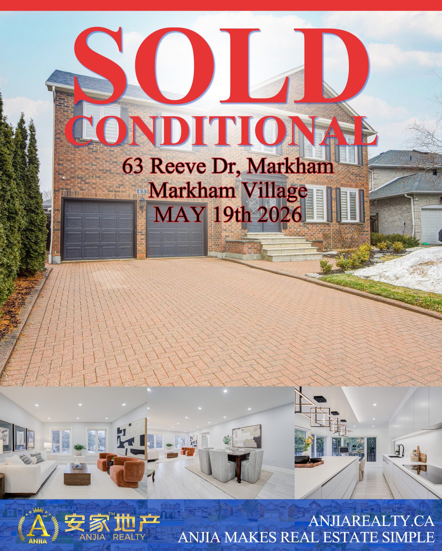 63 Reeve Drive Markham real estate transaction poster represented by Anjia Realty