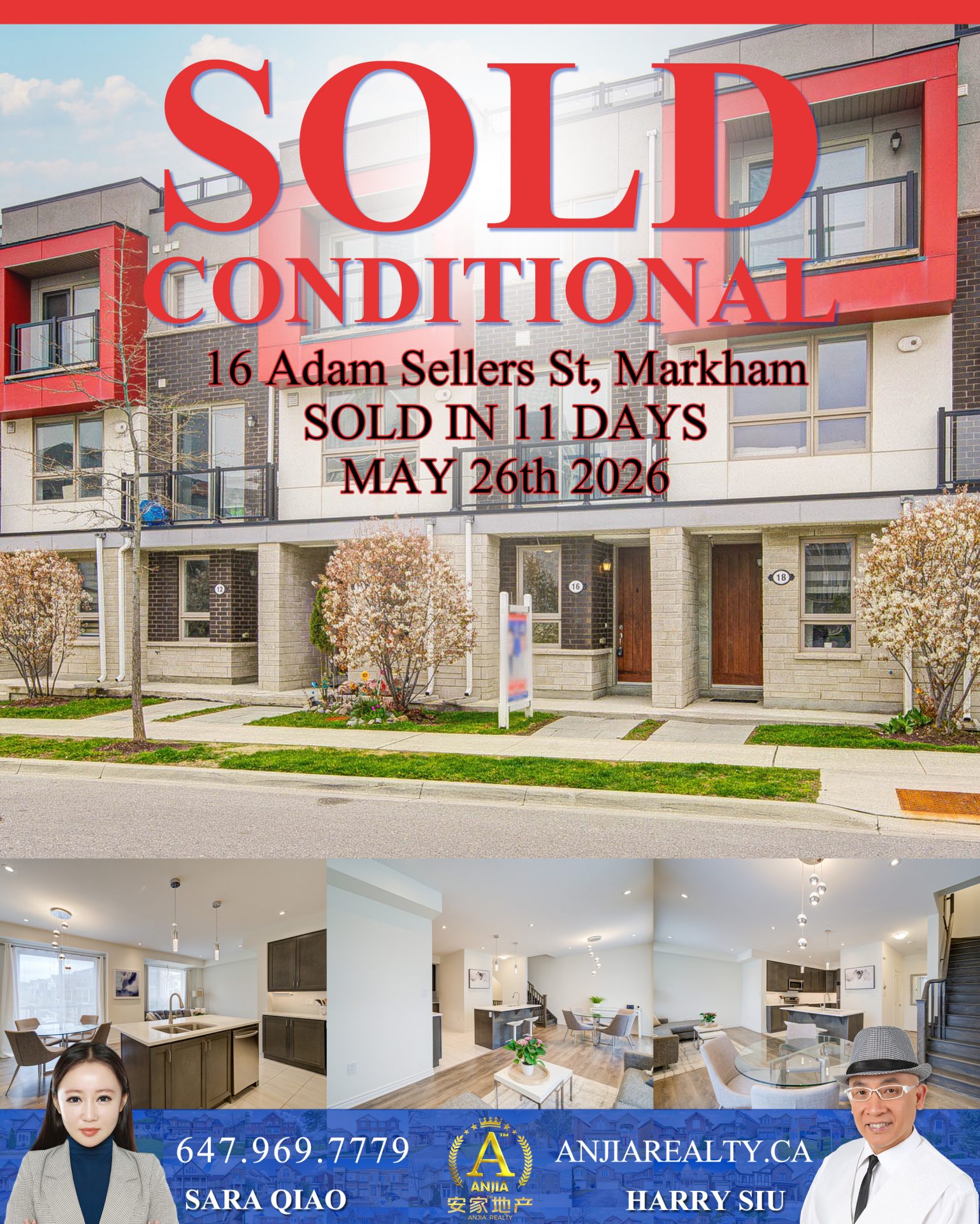 16 Adam Sellers Street Markham real estate transaction poster represented by Anjia Realty