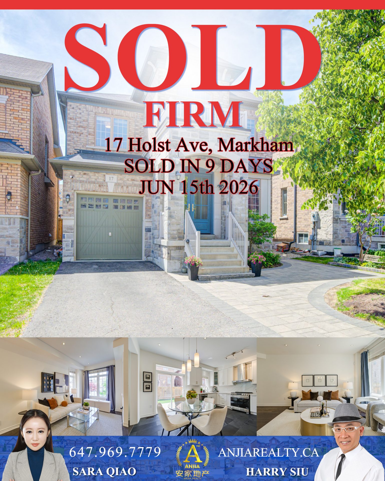 17 Holst Avenue Markham real estate transaction poster represented by Anjia Realty