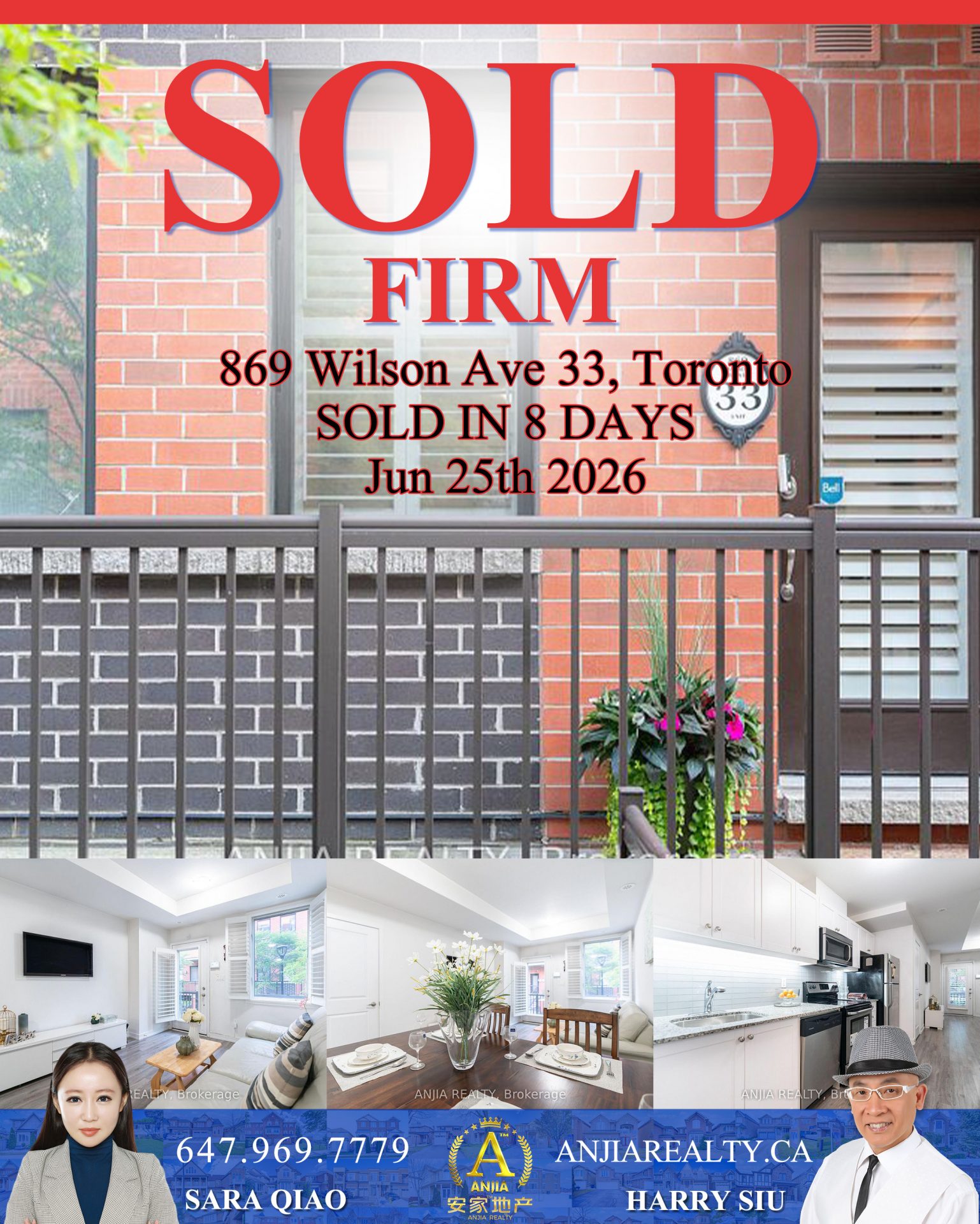Unit 33, 869 Wilson Avenue Toronto real estate transaction poster represented by Anjia Realty