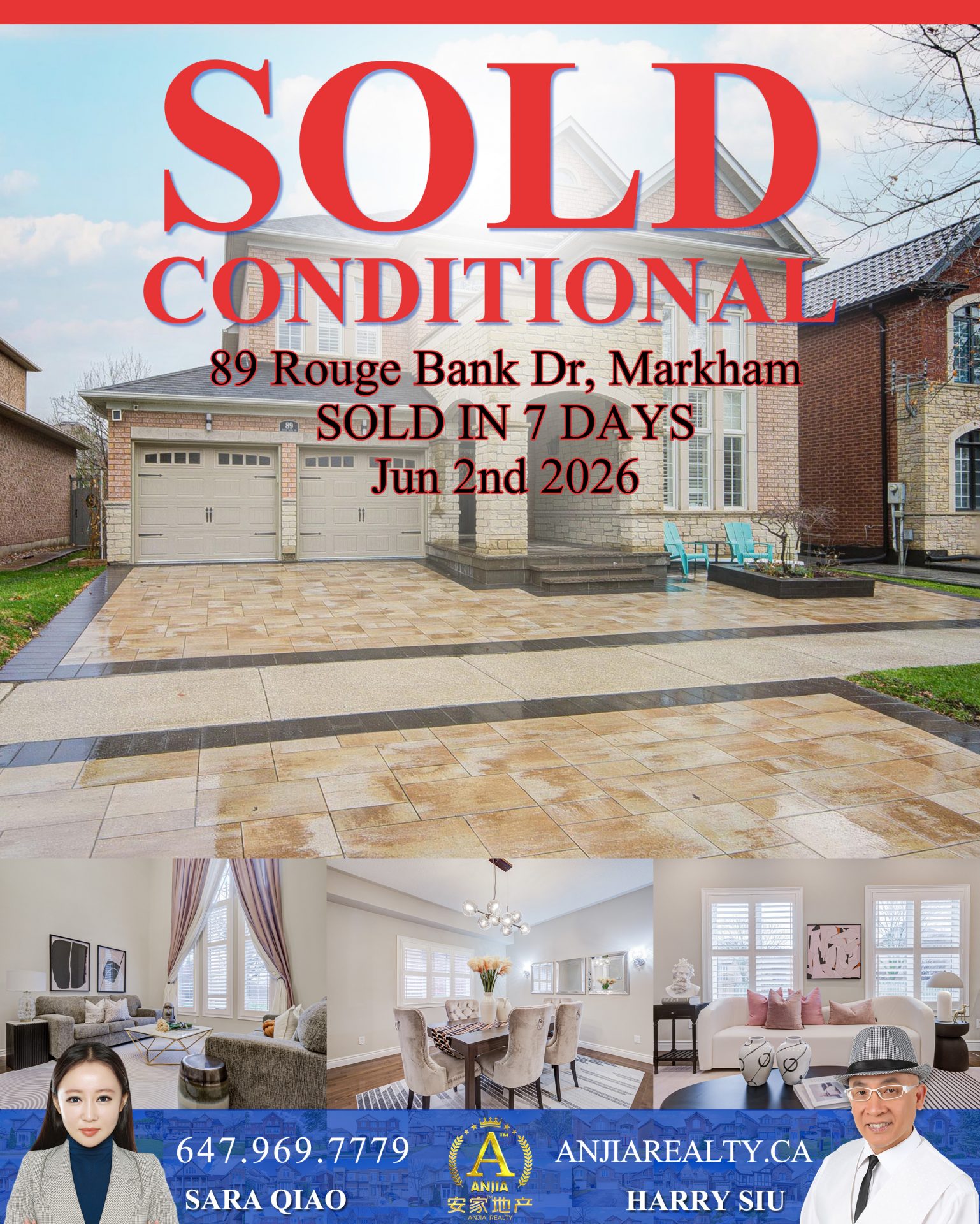 89 Rouge Bank Drive Markham real estate transaction poster represented by Anjia Realty