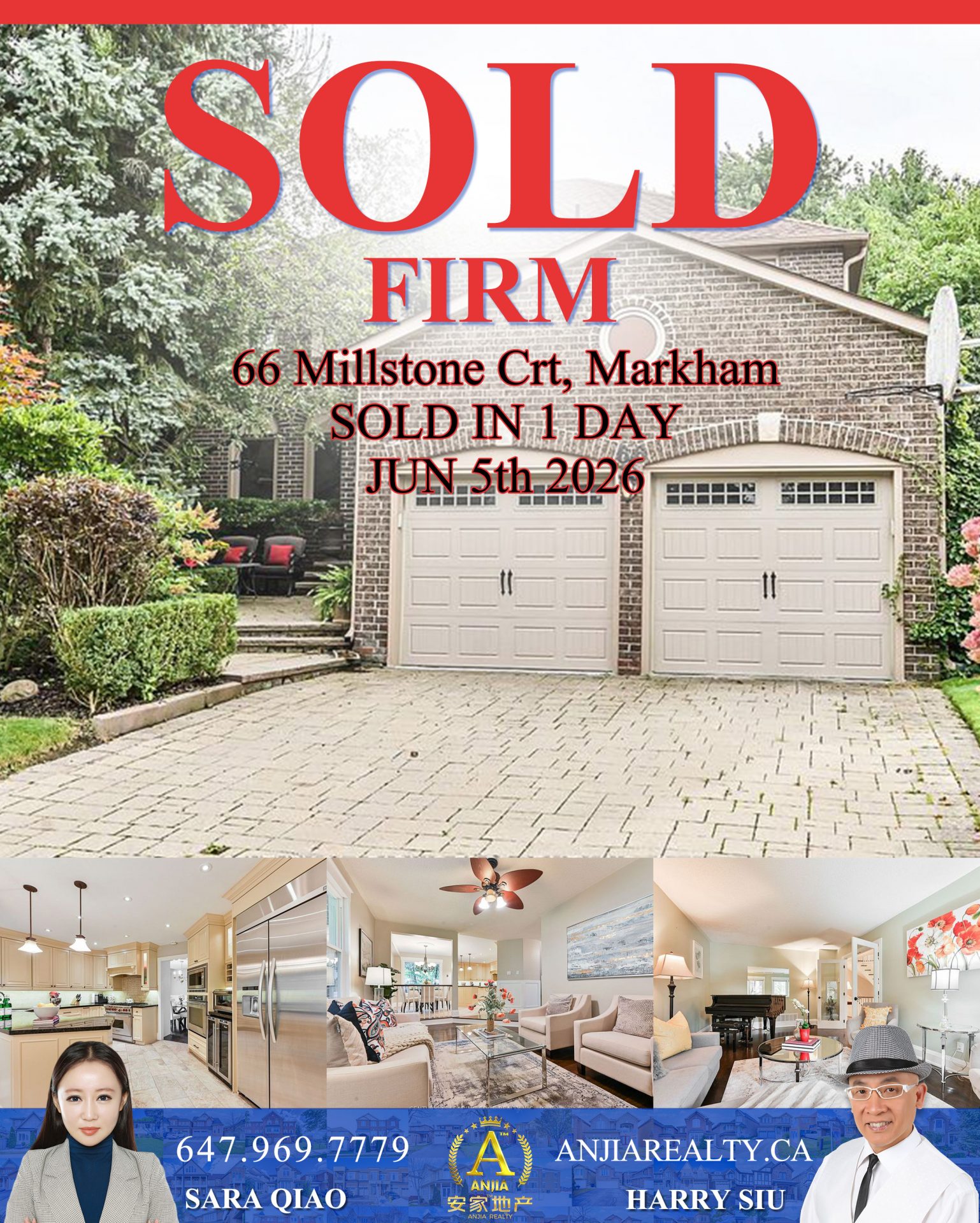 66 Millstone Court Markham real estate transaction poster represented by Anjia Realty