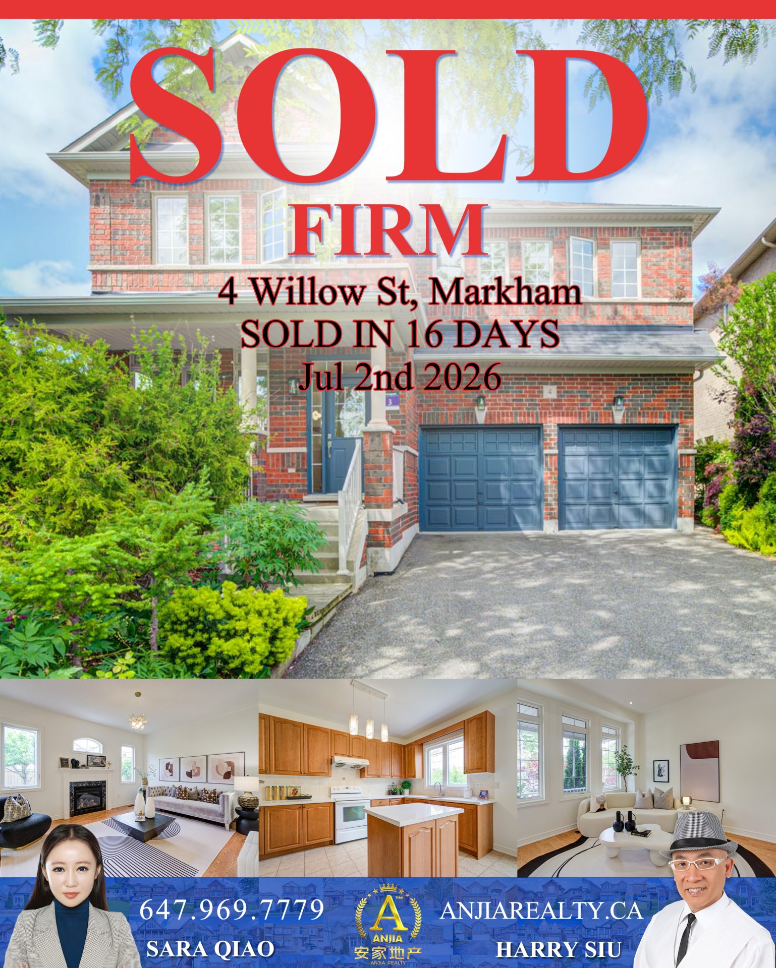 4 Willow Street Markham real estate transaction poster represented by Anjia Realty