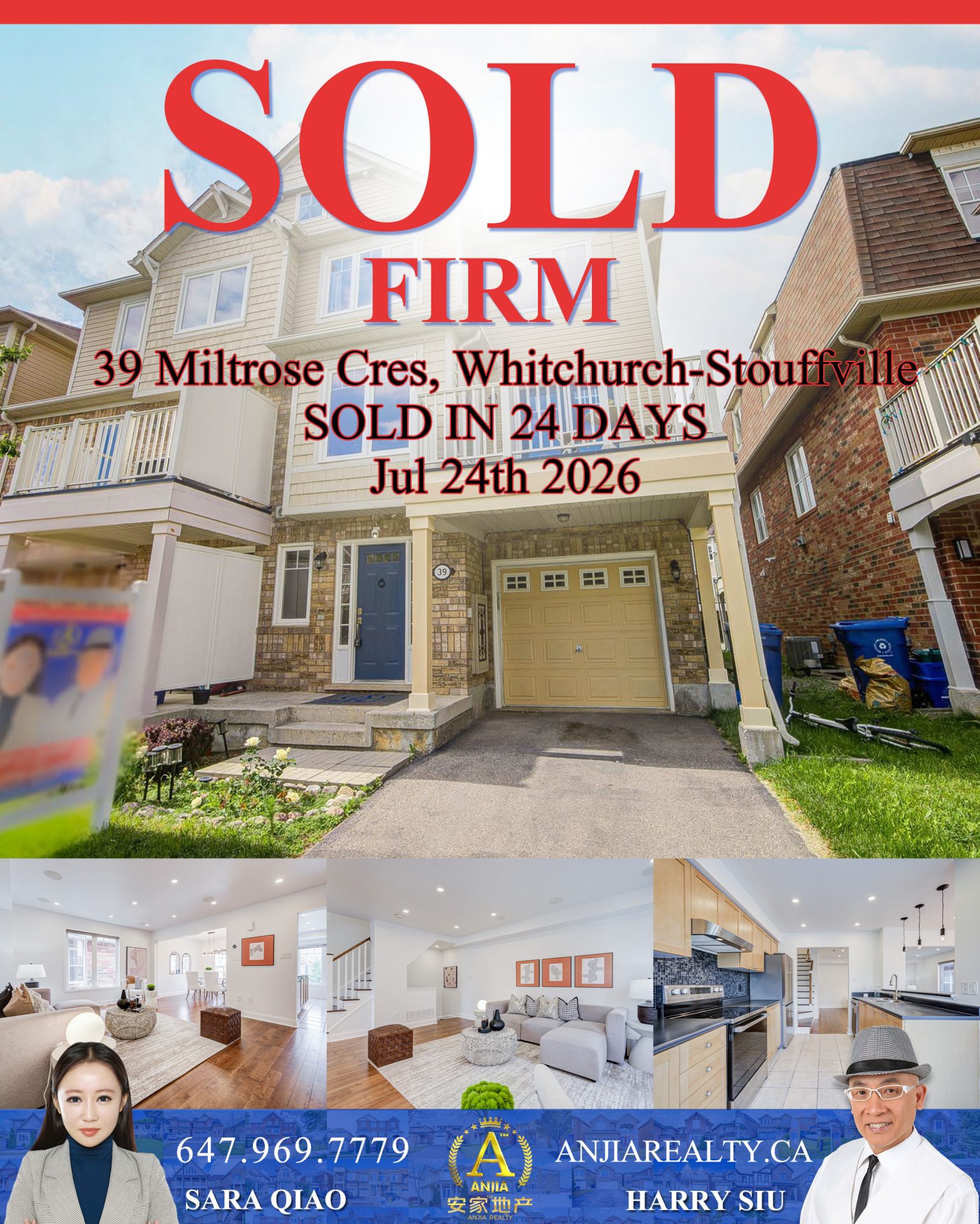 39 Miltrose Crescent Whitchurch-Stouffville real estate transaction poster represented by Anjia Realty