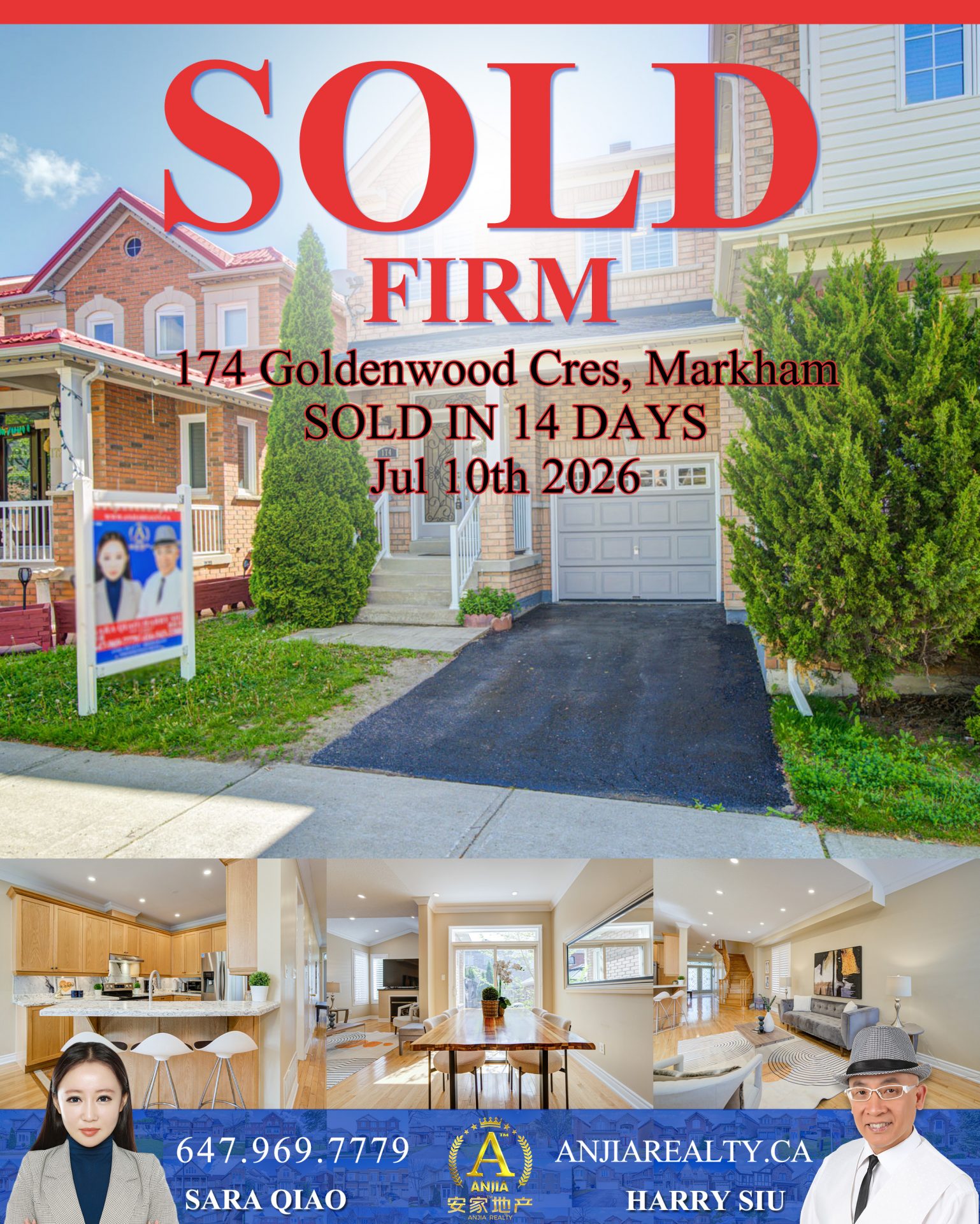 174 Goldenwood Crescent Markham real estate transaction poster represented by Anjia Realty