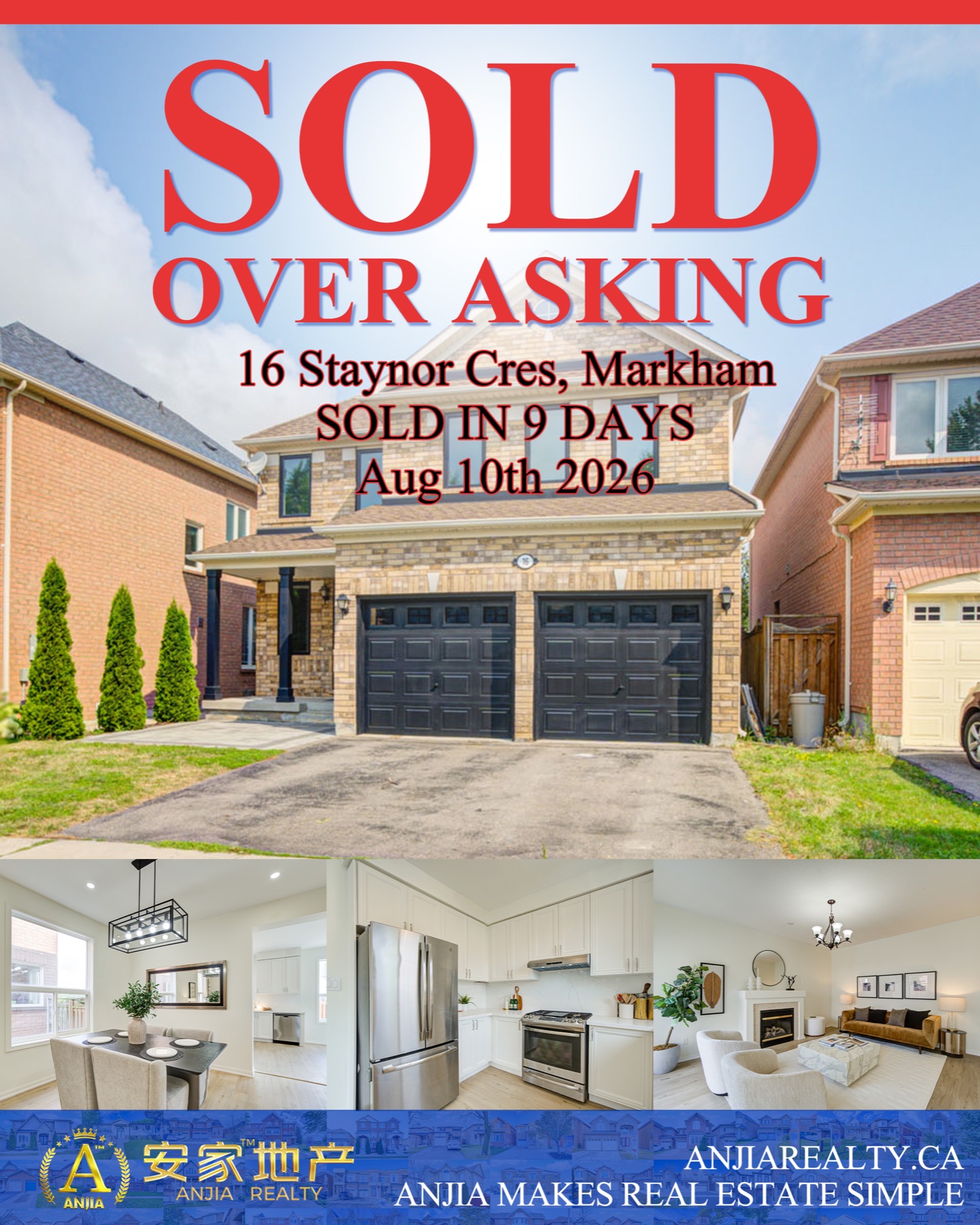 16 Staynor Crescent, Markham, sold over asking in 9 days by Anjia Realty on August 10, 2026
