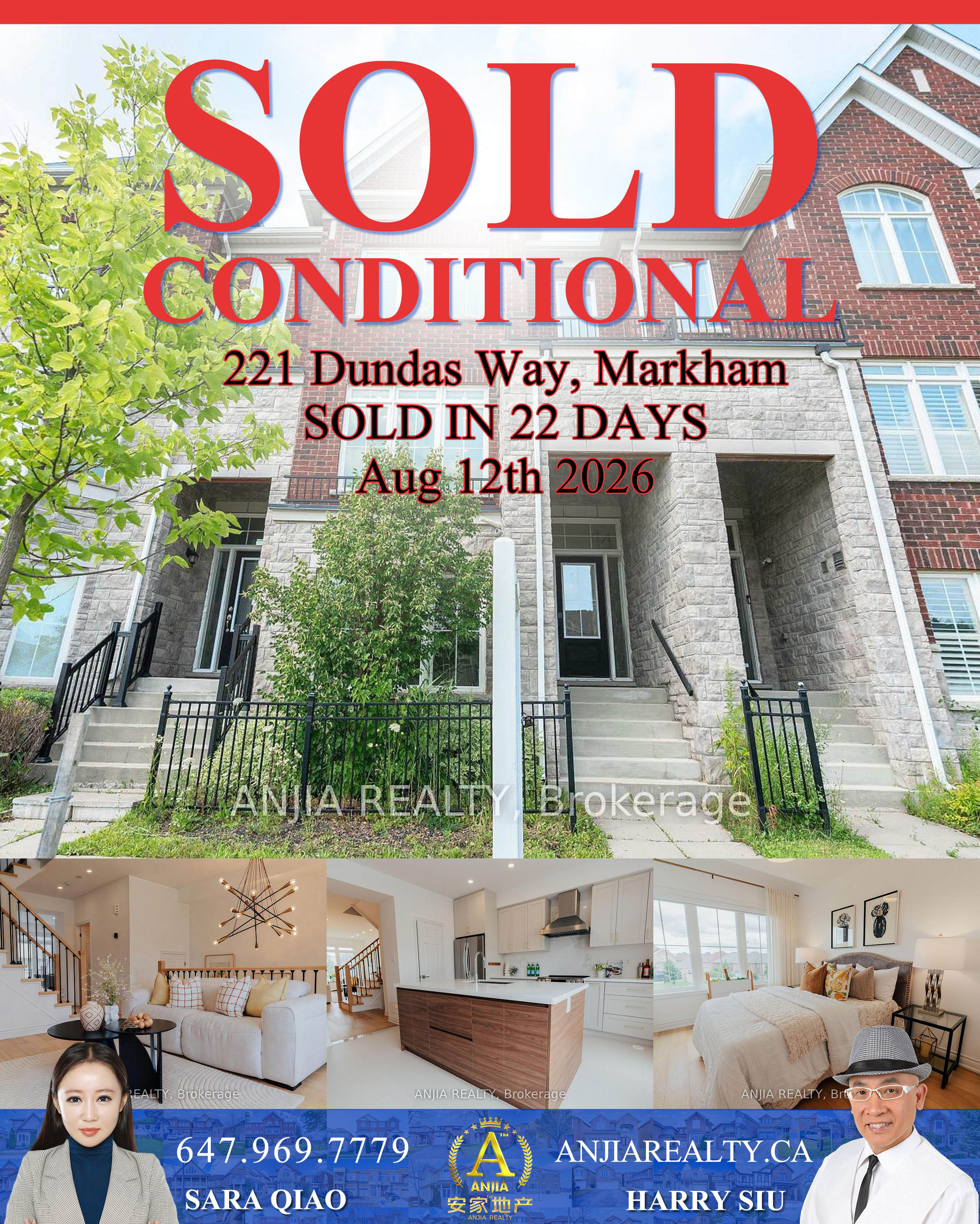 221 Dundas Way, Markham, sold conditional in 22 days by Anjia Realty on August 12, 2026