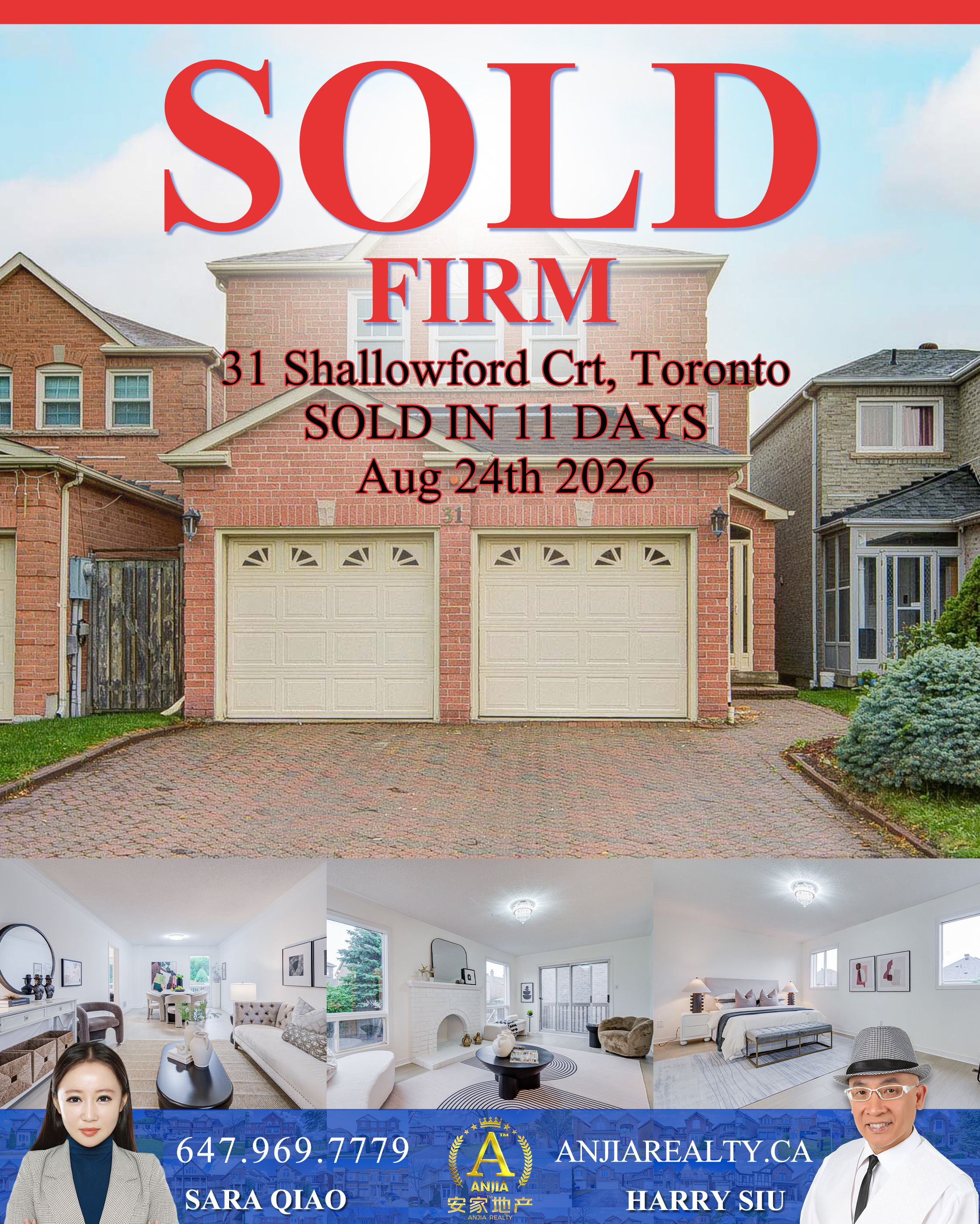 31 Shallowford Court, Toronto, sold firm in 11 days by Anjia Realty on August 24, 2026
