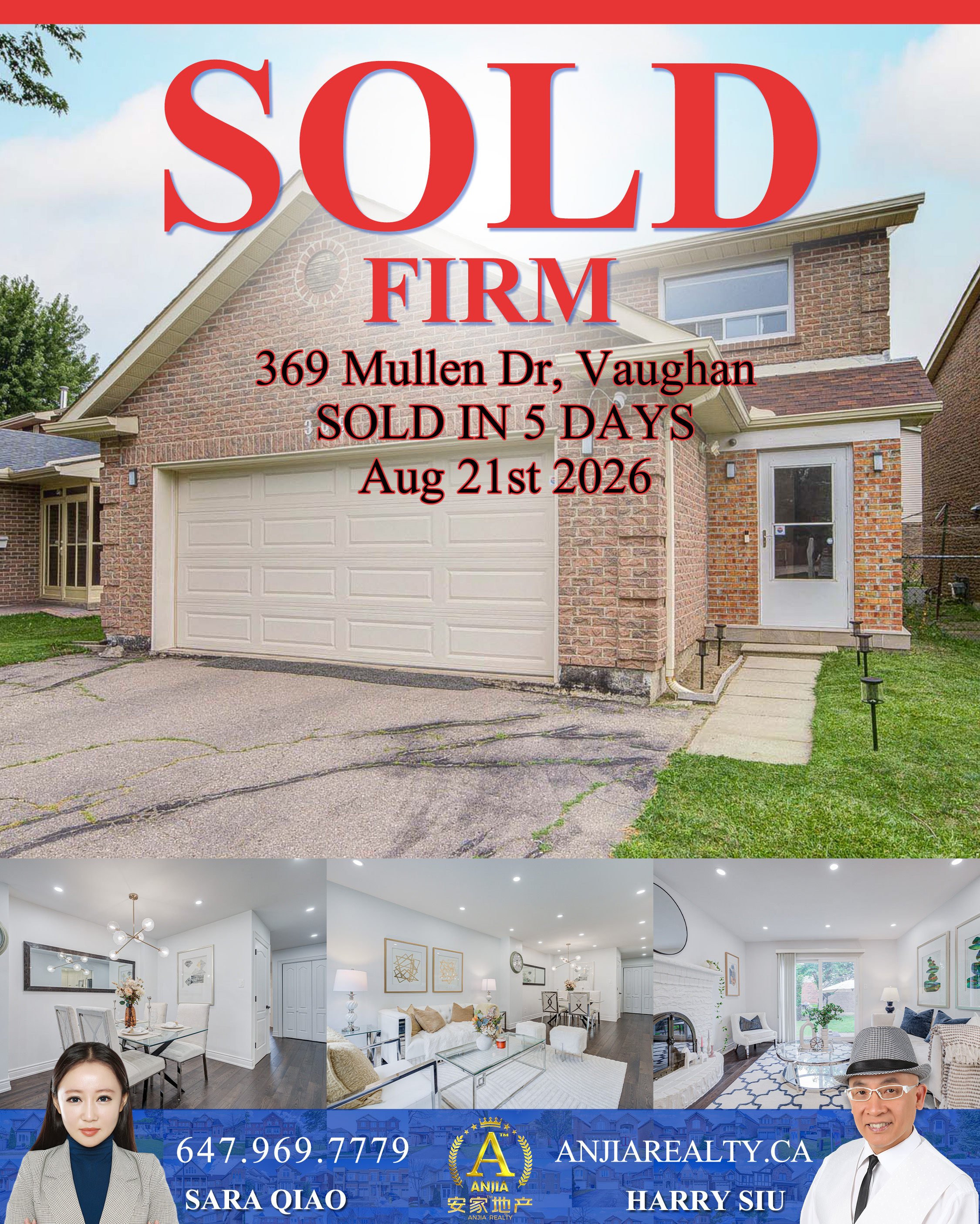 369 Mullen Drive, Vaughan, sold firm in 5 days by Anjia Realty on August 21, 2026