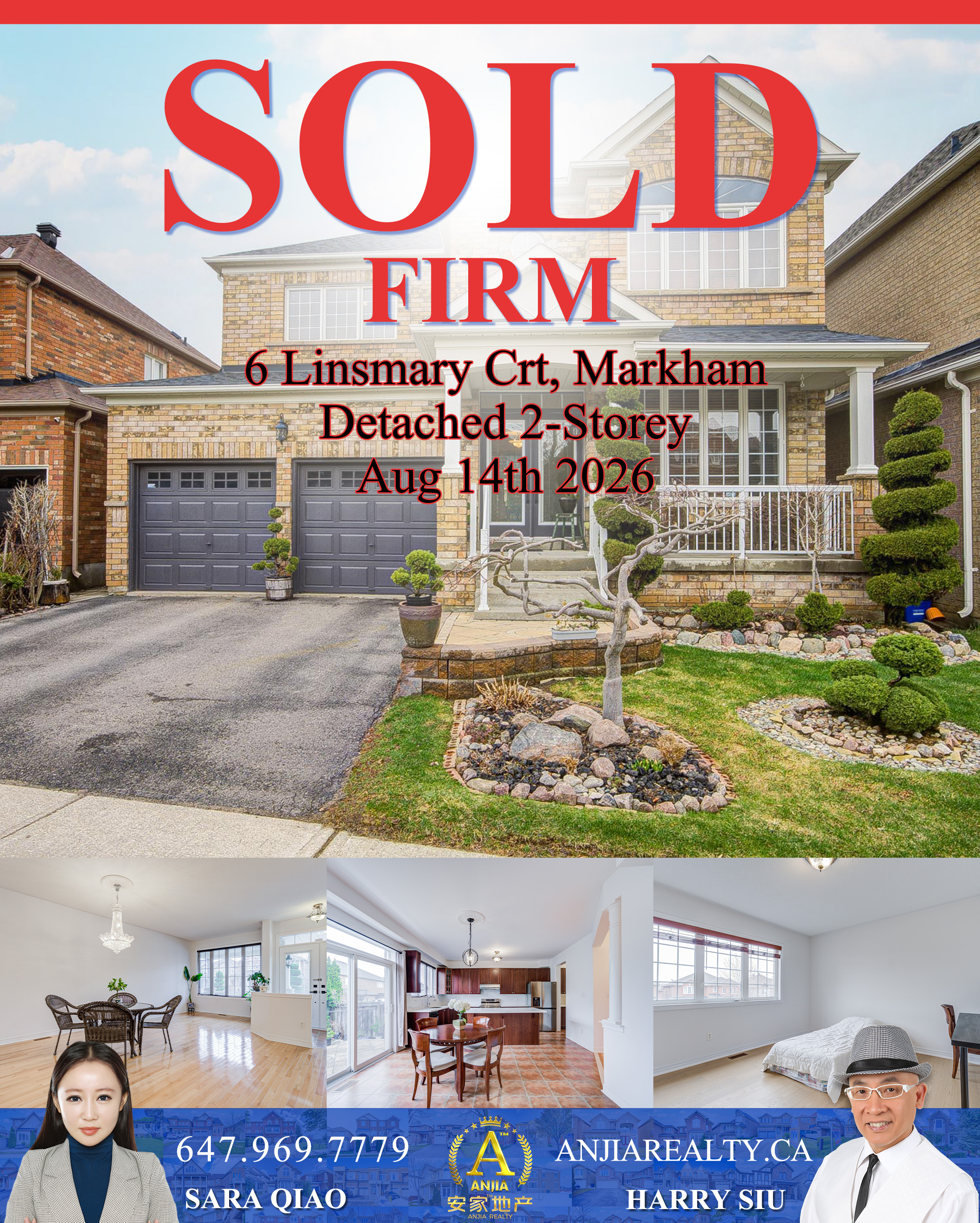 6 Linsmary Court, Markham, sold firm by Anjia Realty on August 14, 2026