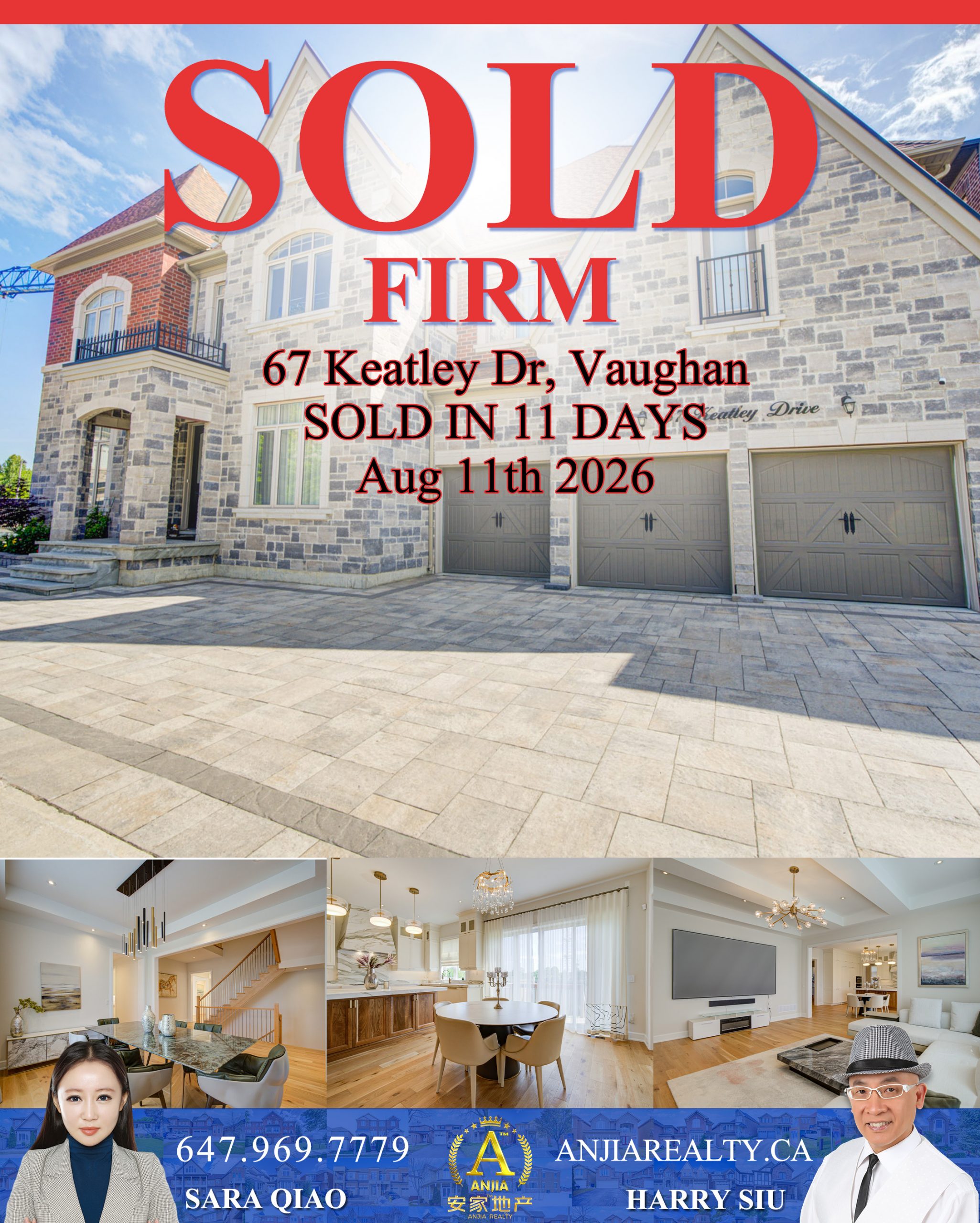 67 Keatley Drive, Vaughan, sold firm in 11 days by Anjia Realty on August 11, 2026