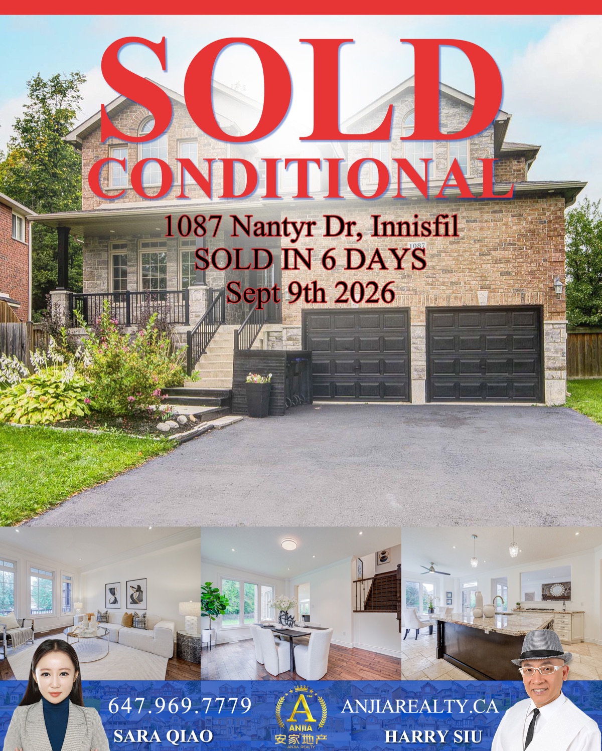 1087 Nantyr Drive, Innisfil, sold conditional in 6 days by Anjia Realty on September 9, 2026