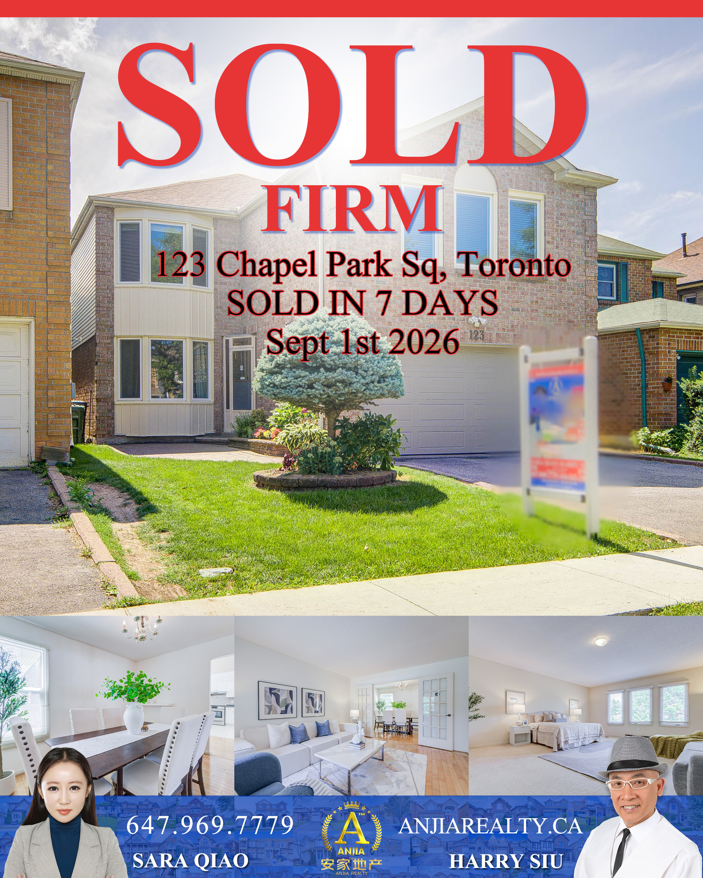 123 Chapel Park Square, Toronto, sold firm in 7 days by Anjia Realty on September 1, 2026