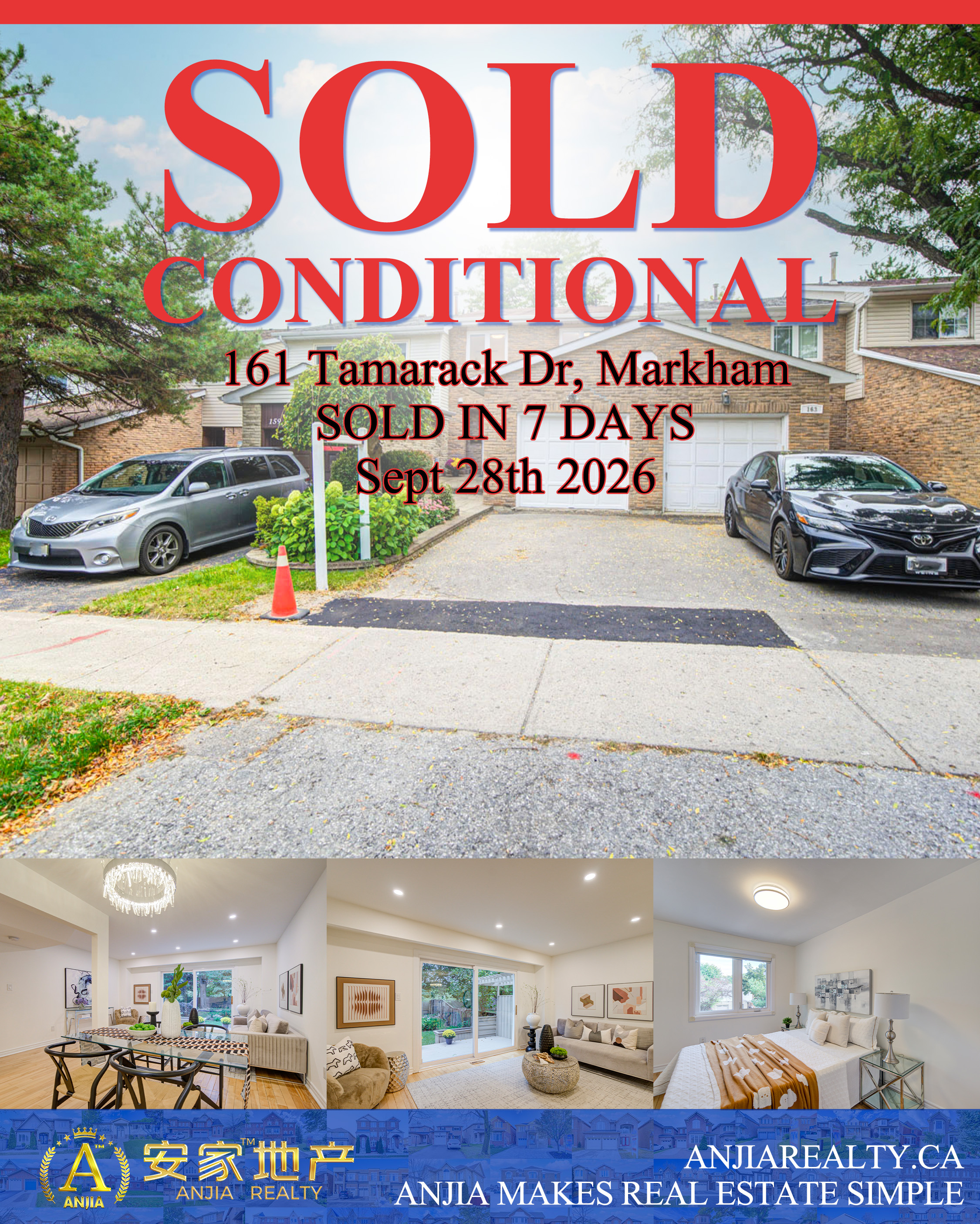 161 Tamarack Drive, Markham, sold conditional in 7 days through Anjia Realty on September 28, 2026