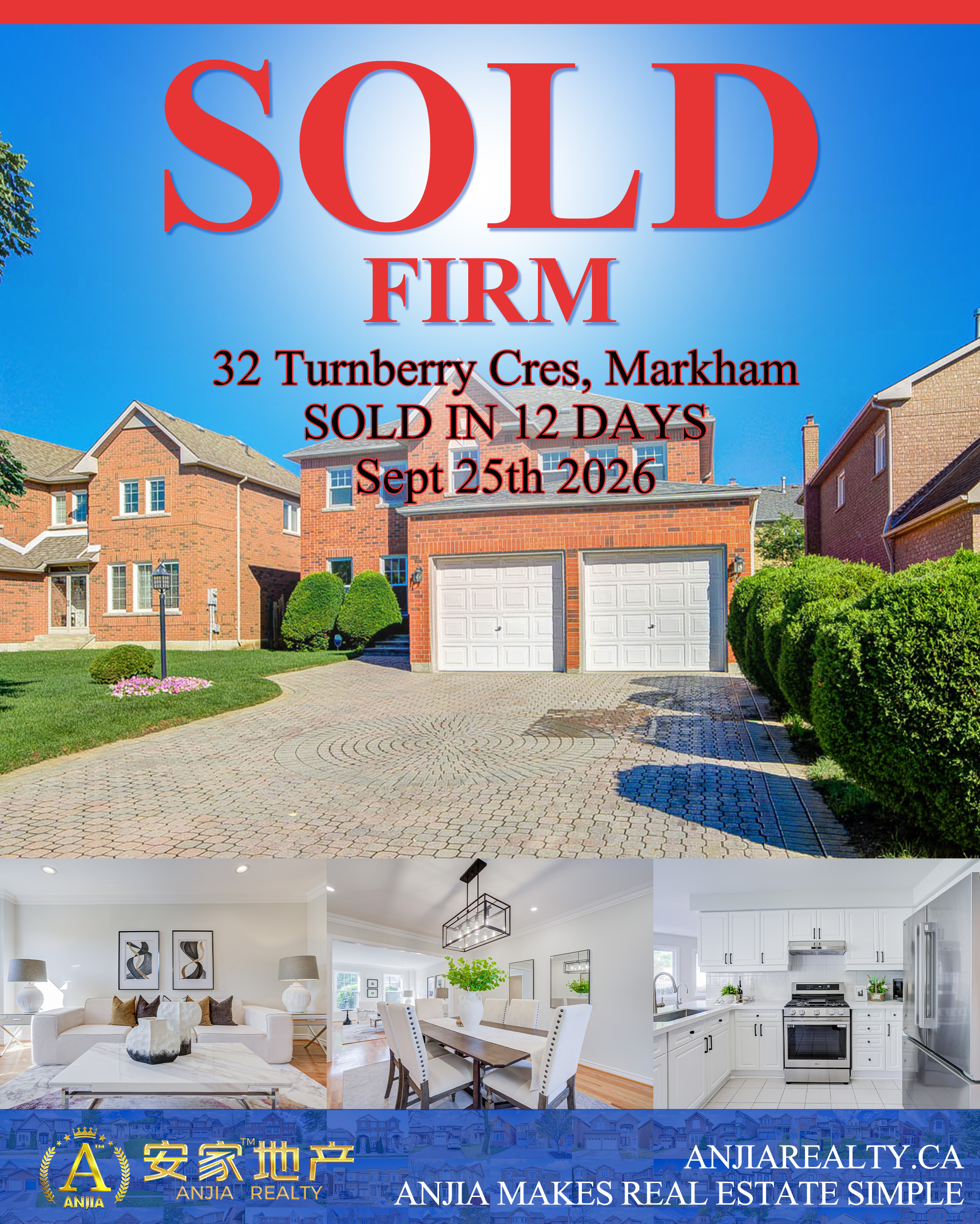 32 Turnberry Crescent, Markham, sold firm in 12 days through Anjia Realty on September 25, 2026