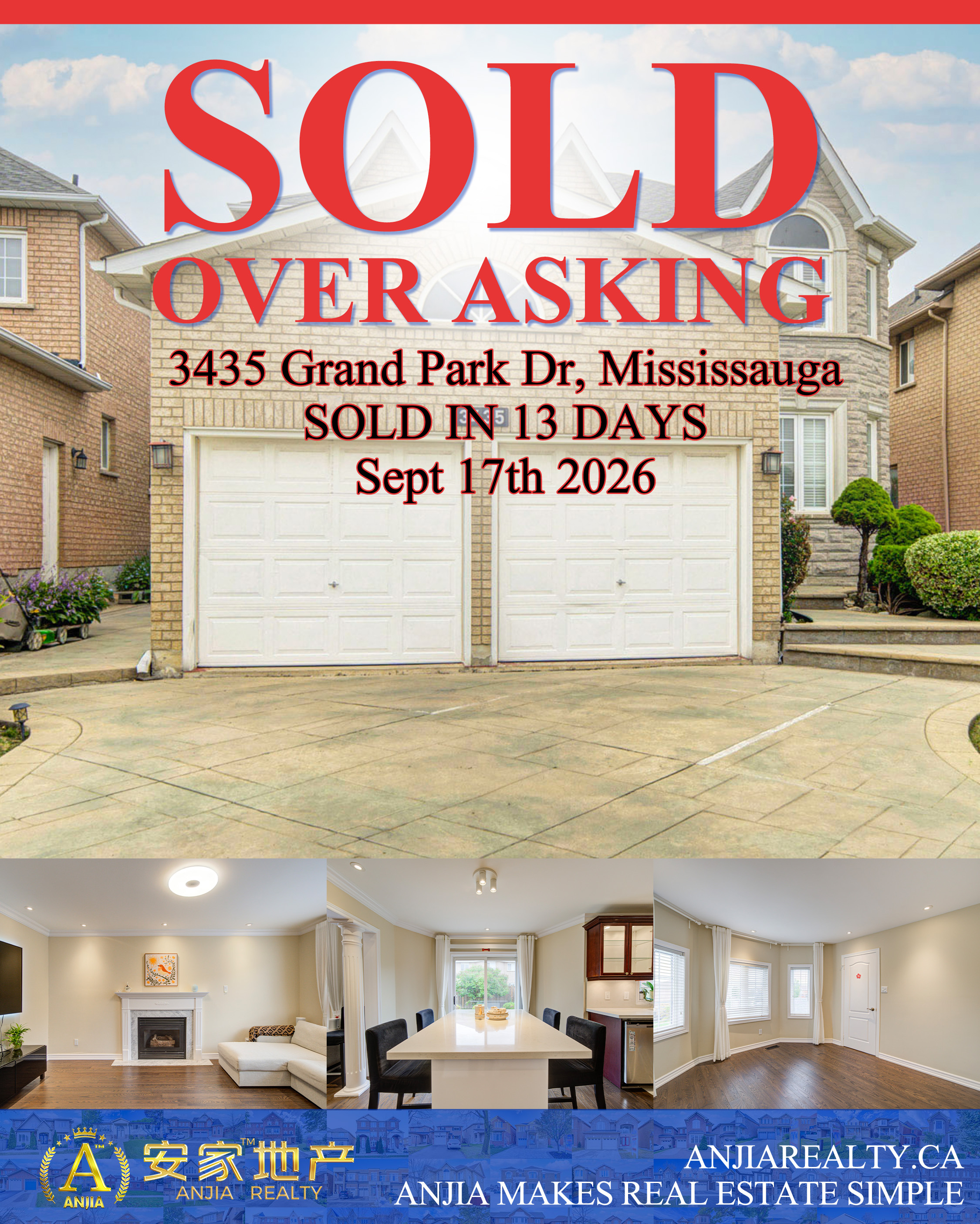 3435 Grand Park Drive, Mississauga, sold over asking in 13 days through Anjia Realty on September 17, 2026