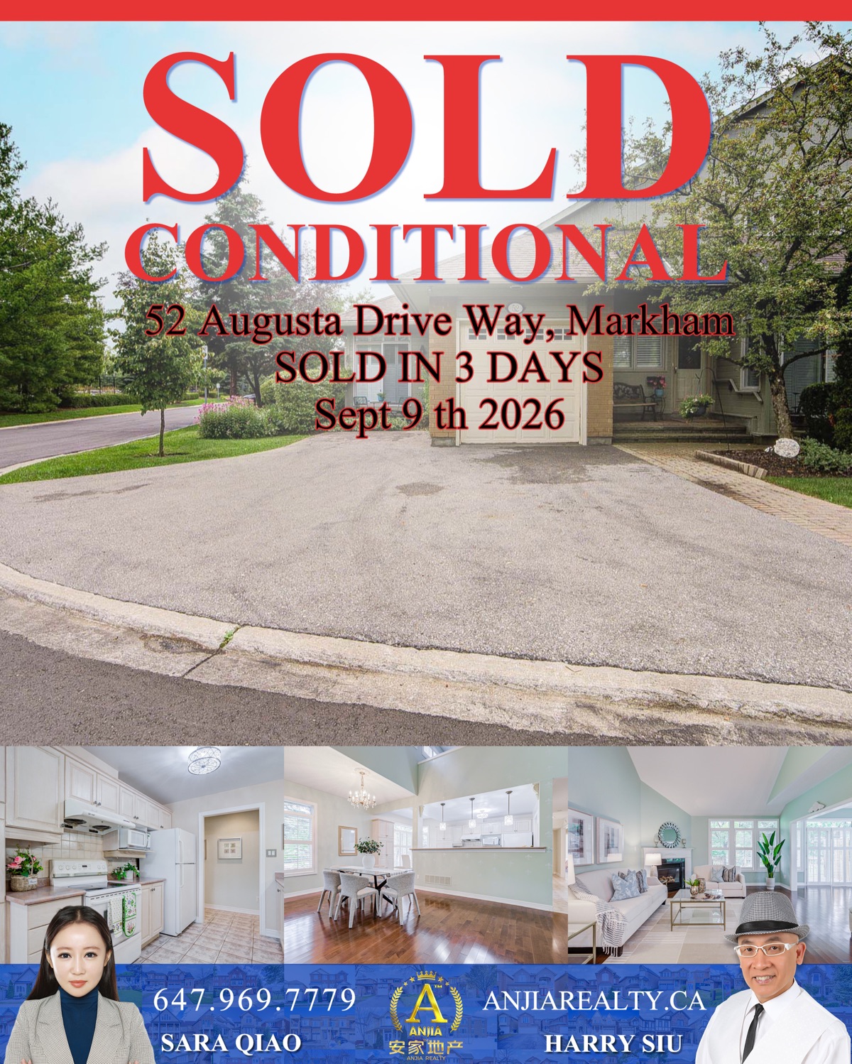52 Augusta Drive Way, Markham, sold conditional in 3 days by Anjia Realty on September 9, 2026