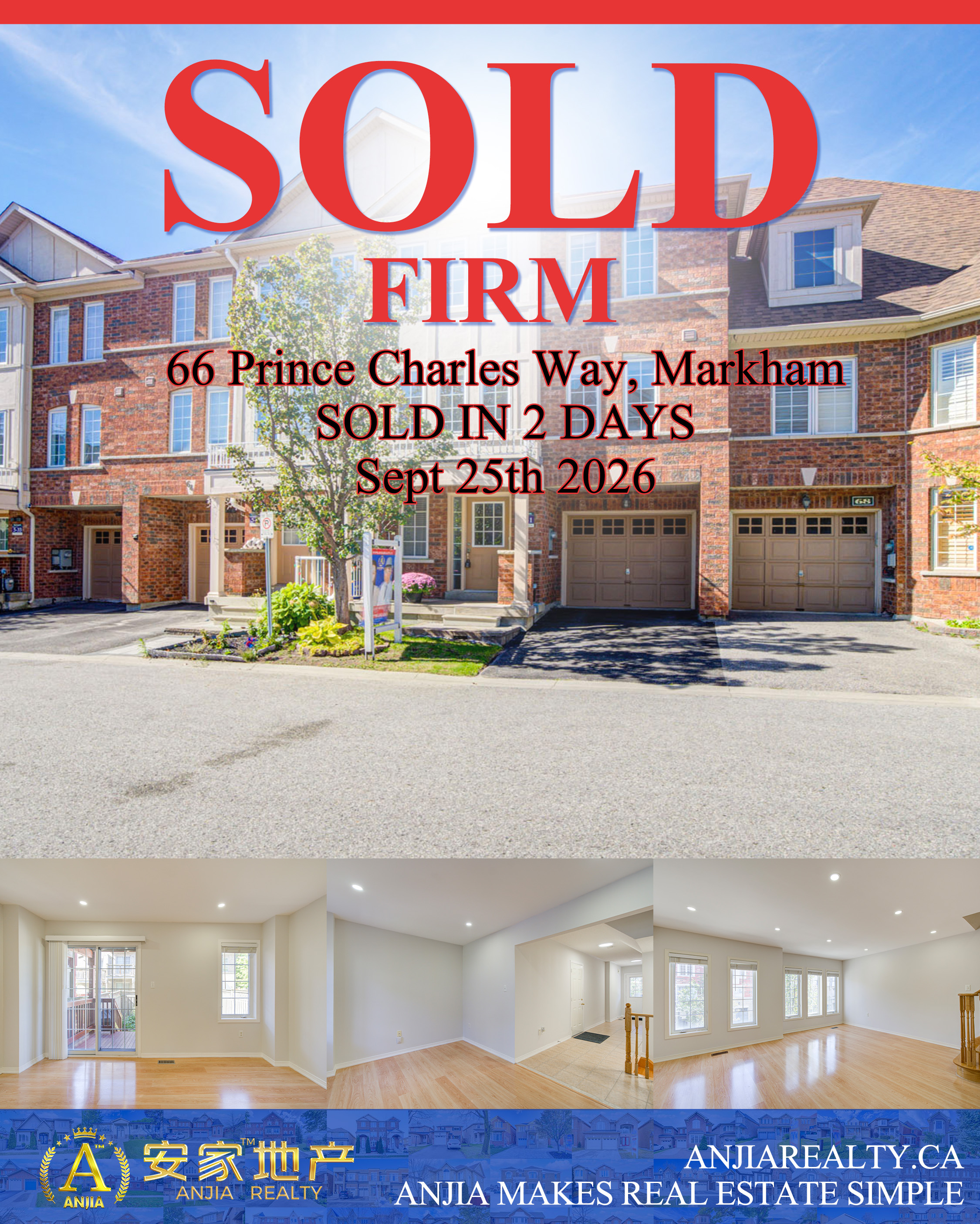 66 Prince Charles Way, Markham, sold firm in 2 days through Anjia Realty on September 25, 2026