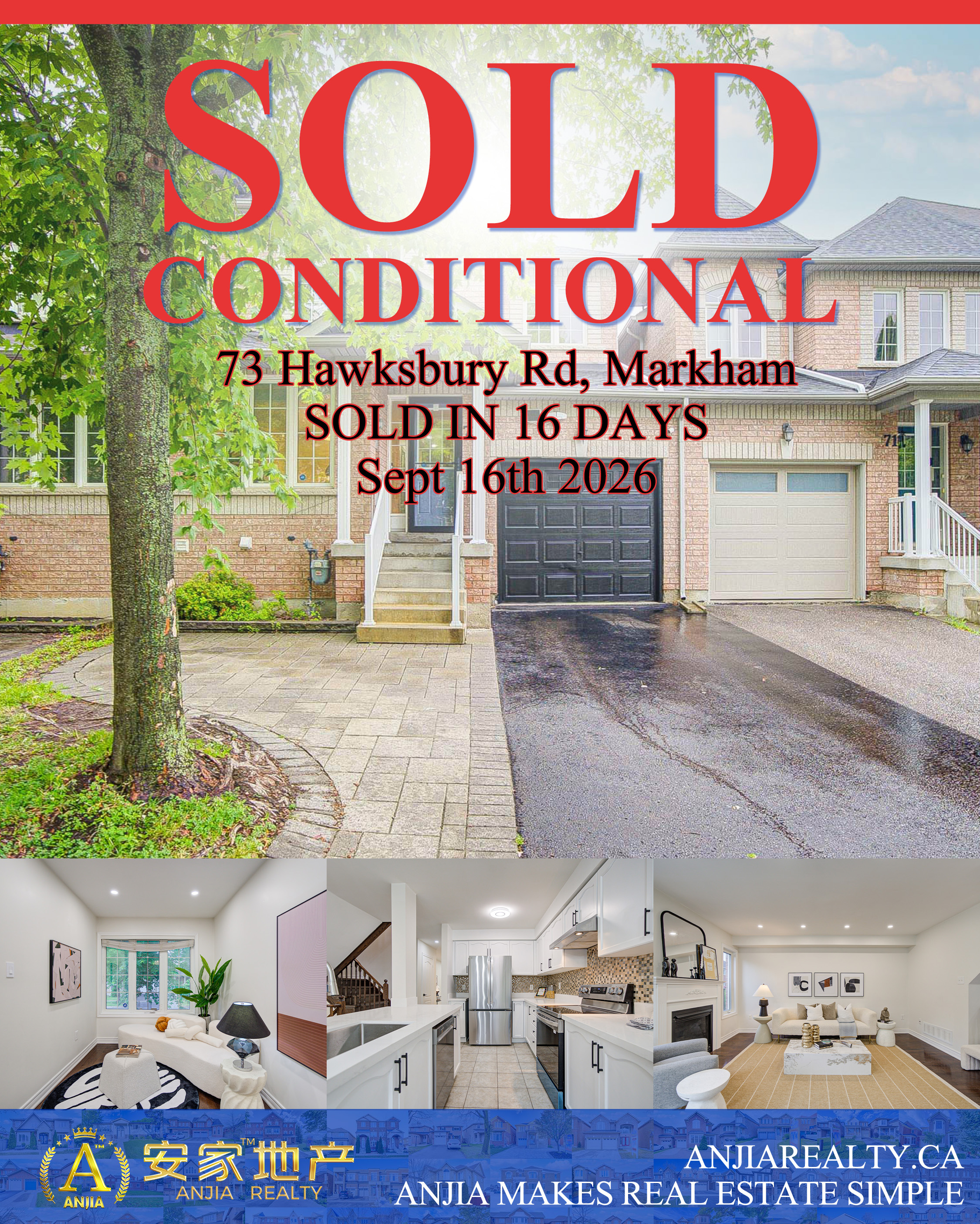73 Hawksbury Road, Markham, sold conditional in 16 days through Anjia Realty on September 16, 2026