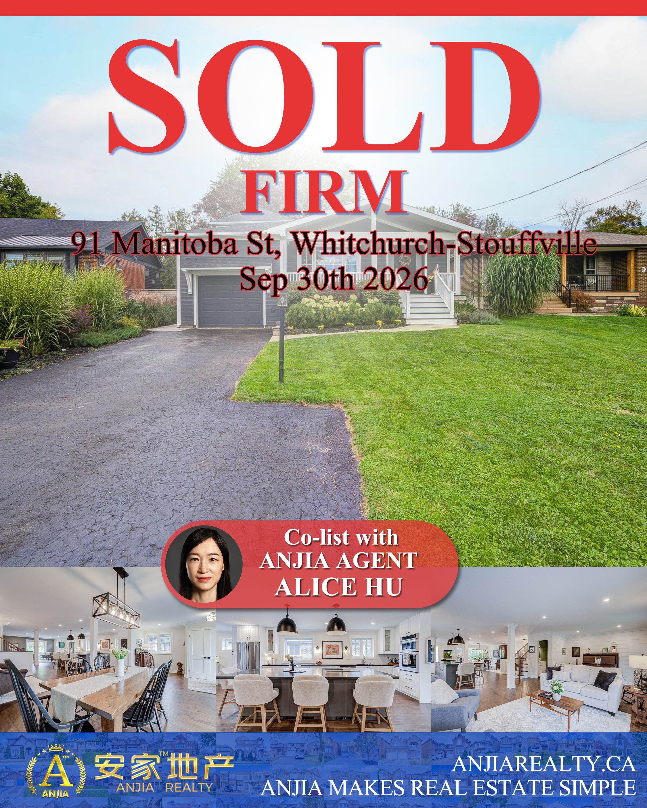 91 Manitoba Street, Whitchurch-Stouffville, sold firm through Anjia Realty on September 30, 2026, co-listed with Alice Hu