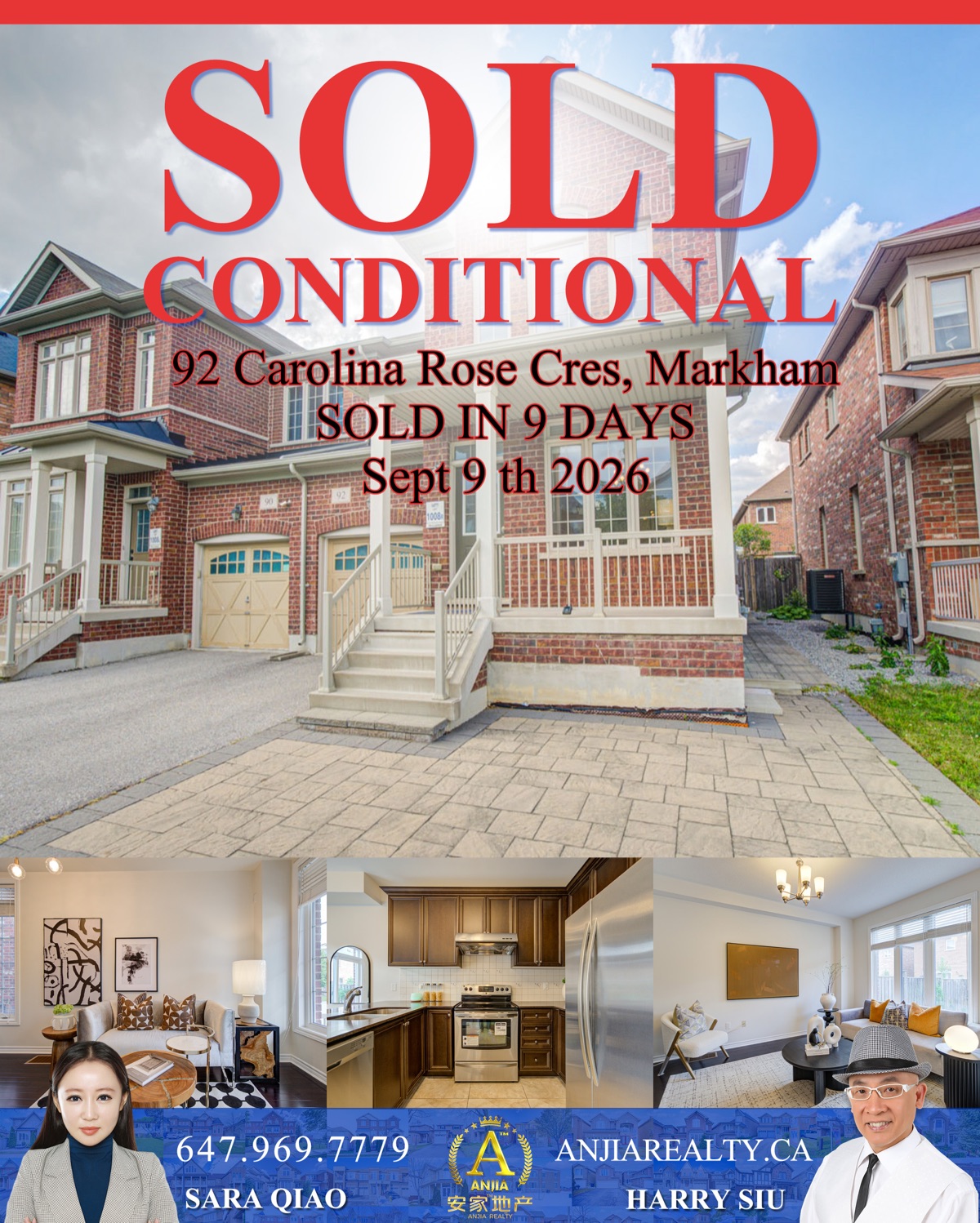92 Carolina Rose Crescent, Markham, sold conditional in 9 days by Anjia Realty on September 9, 2026