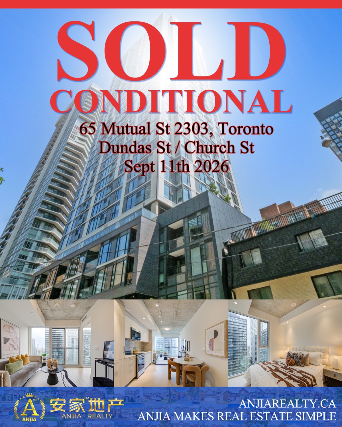 Unit 2303, 65 Mutual Street, Toronto, sold conditional by Anjia Realty on September 11, 2026
