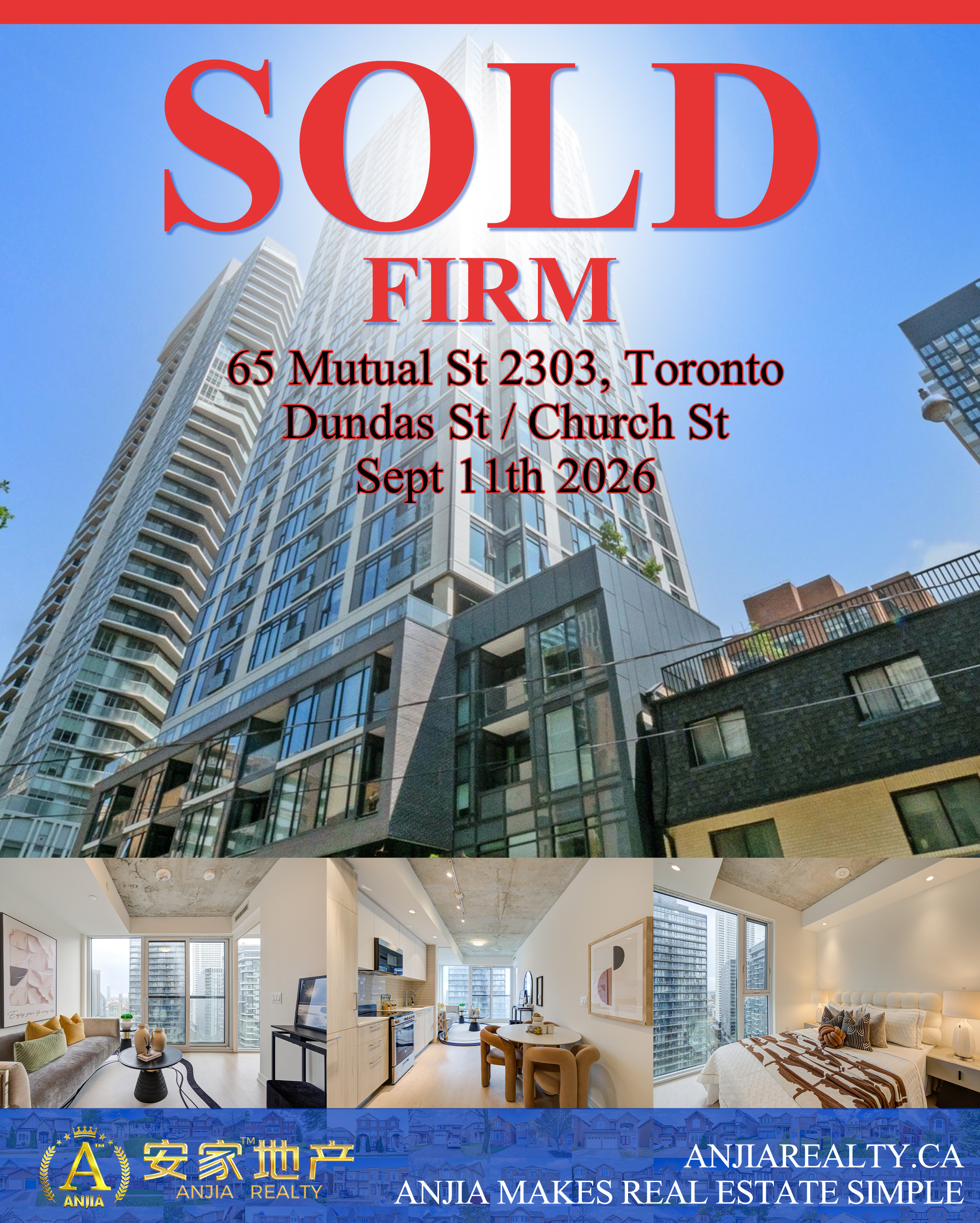 Unit 2303, 65 Mutual Street, Toronto, sold firm through Anjia Realty on September 11, 2026