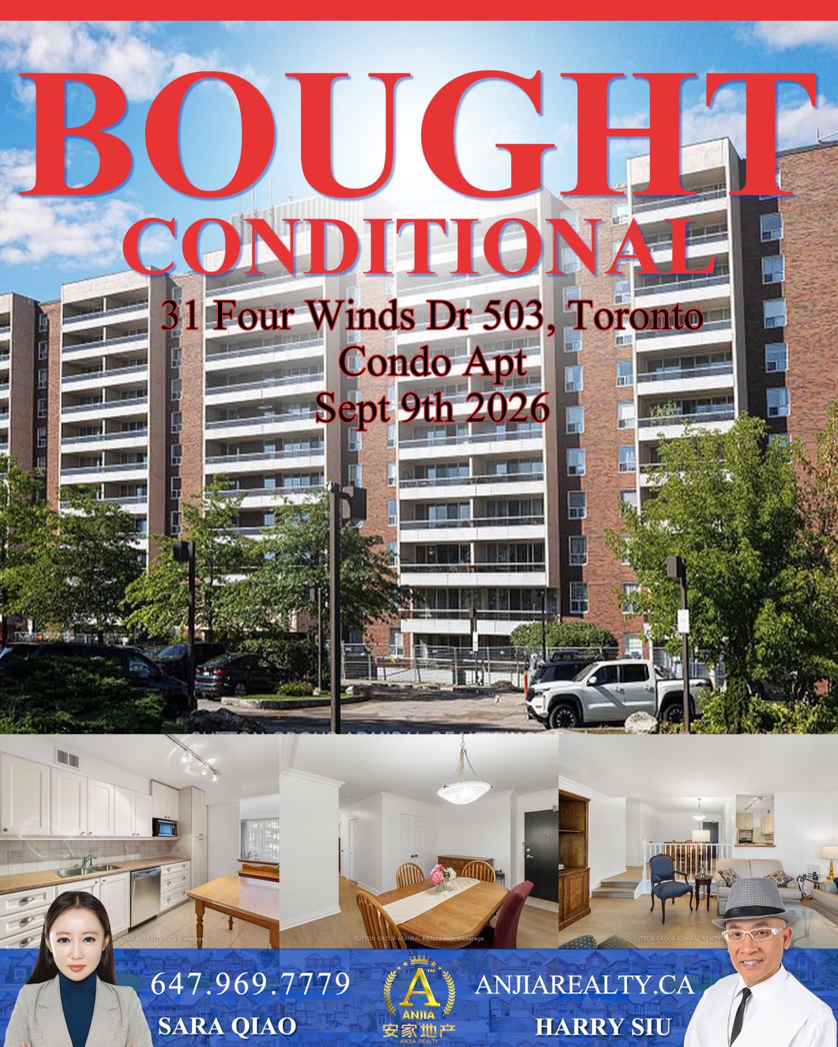 Unit 503, 31 Four Winds Drive, Toronto, bought conditional by Anjia Realty on September 9, 2026