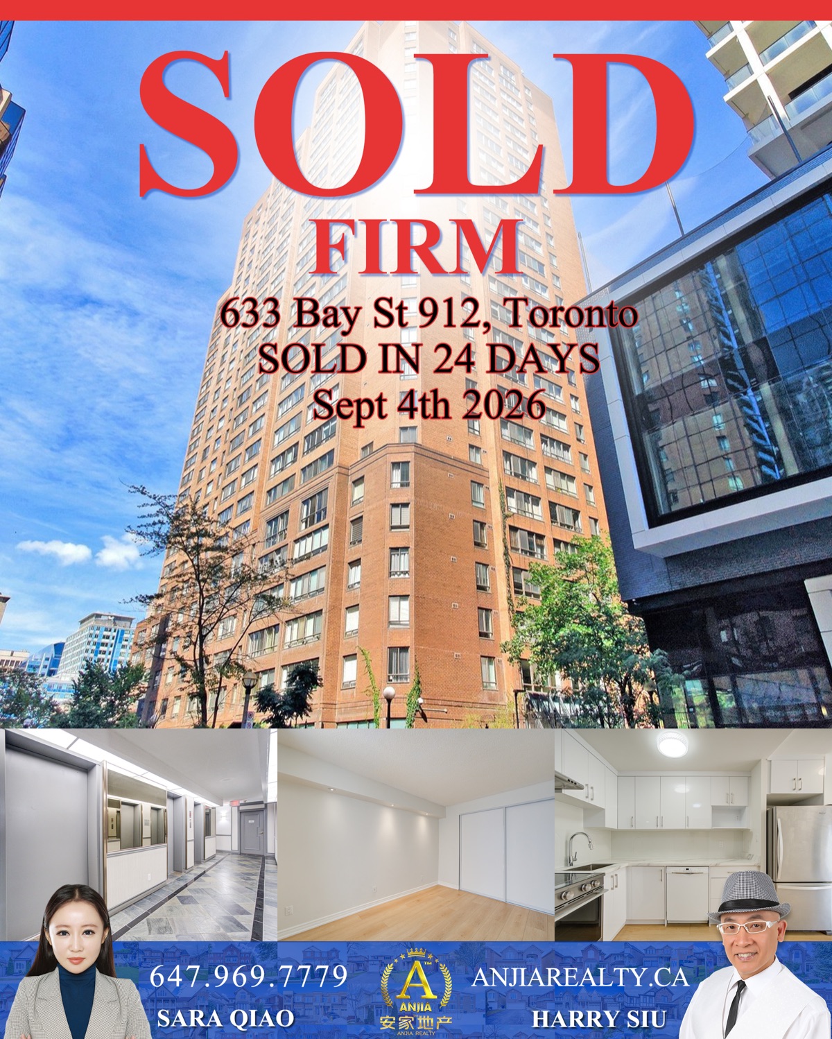 Unit 912, 633 Bay Street, Toronto, sold firm in 24 days by Anjia Realty on September 4, 2026