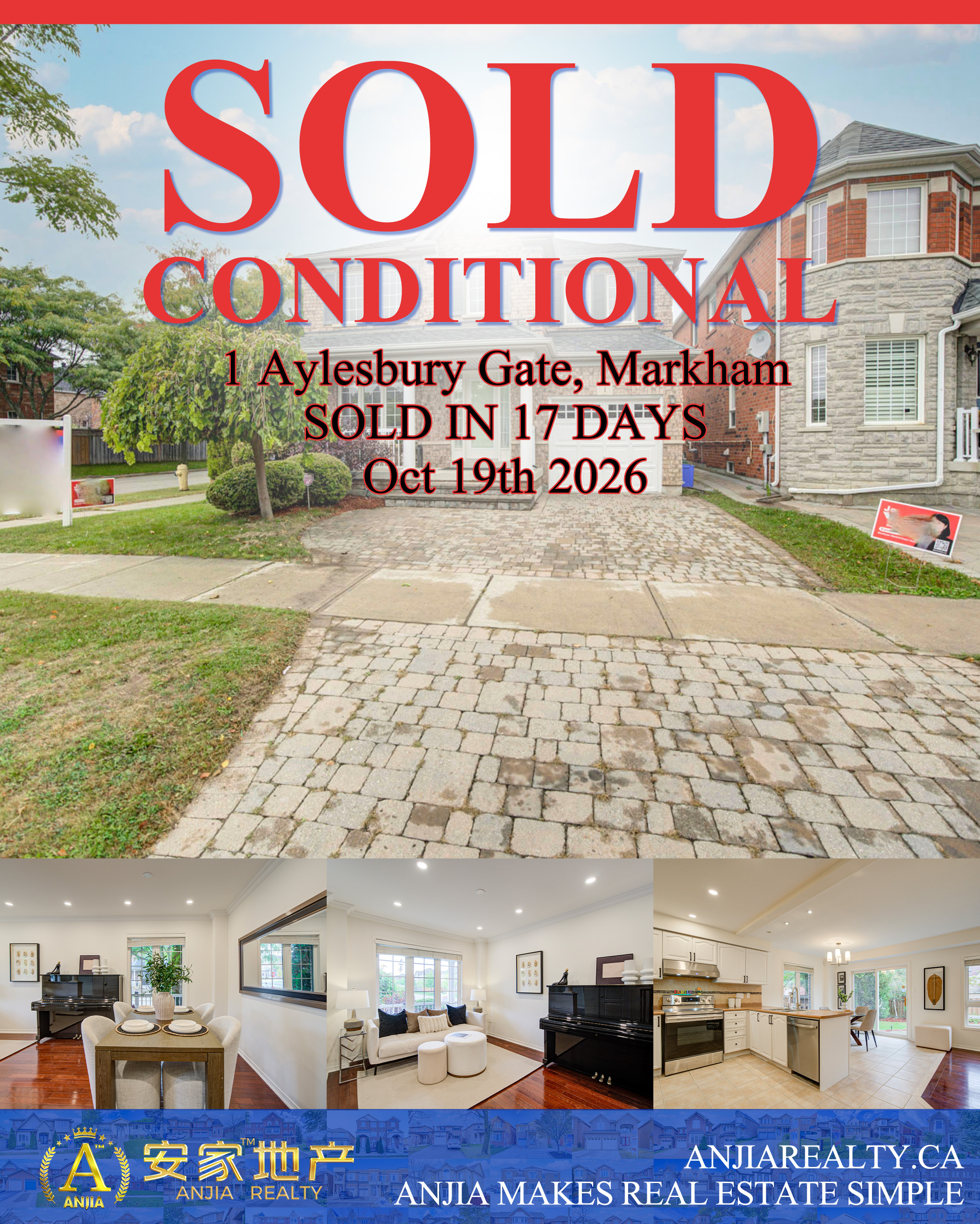 1 Aylesbury Gate, Markham, sold conditional in 17 days through Anjia Realty on October 19, 2026