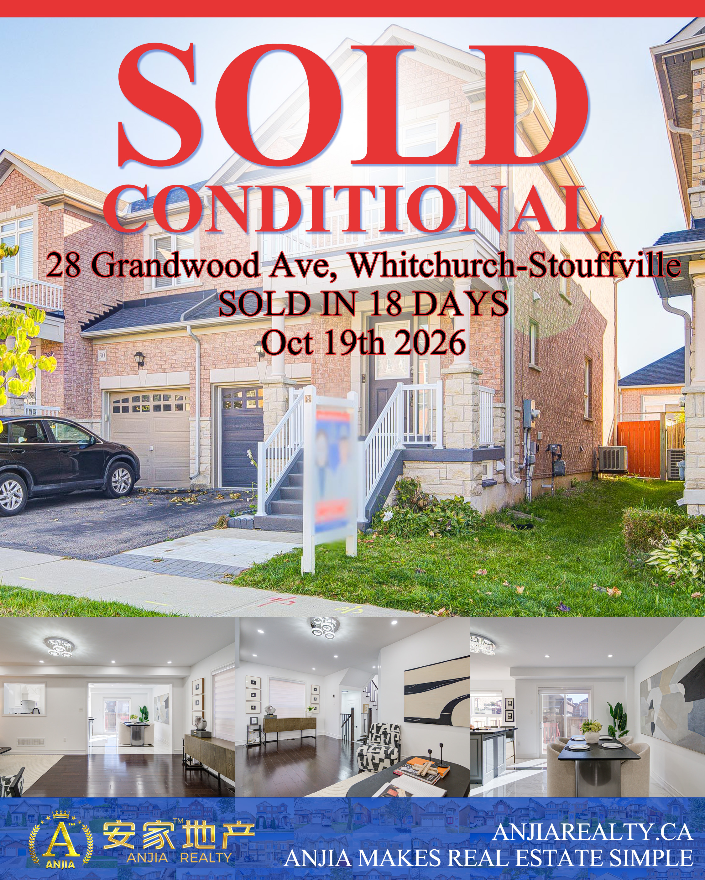 28 Grandwood Avenue, Whitchurch-Stouffville, sold conditional in 18 days through Anjia Realty on October 19, 2026
