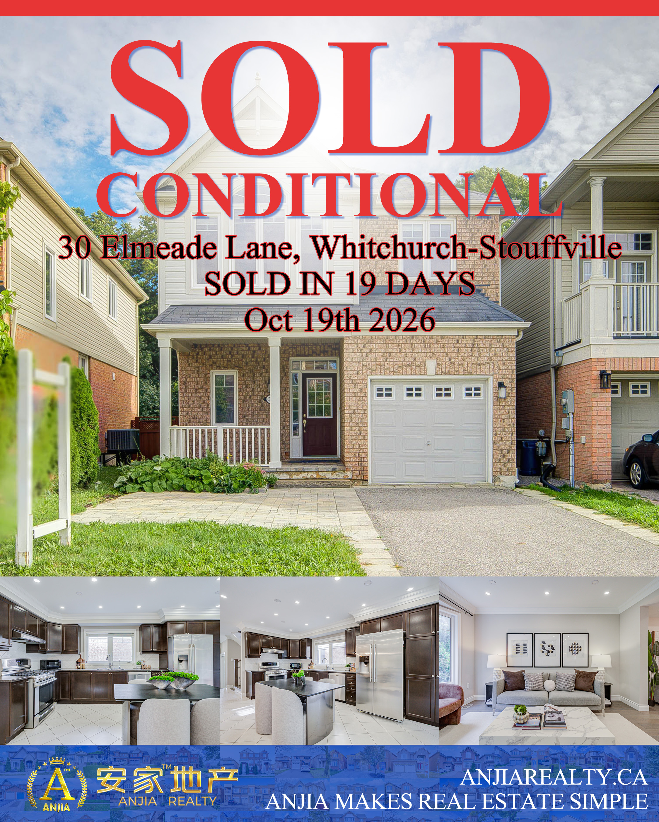 30 Elmeade Lane, Whitchurch-Stouffville, sold conditional in 19 days through Anjia Realty on October 19, 2026