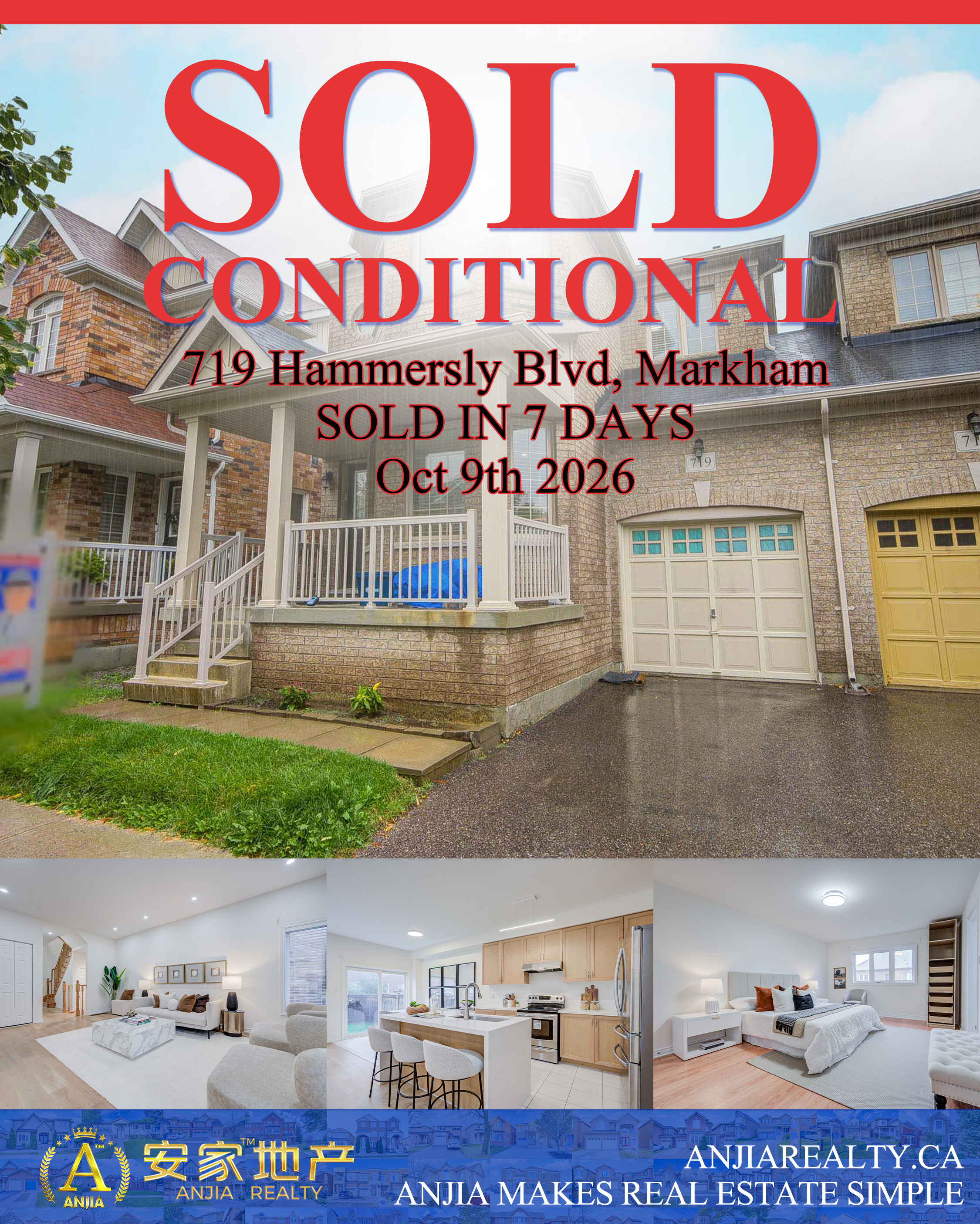 719 Hammersly Boulevard, Markham, sold conditional in 7 days through Anjia Realty on October 9, 2026